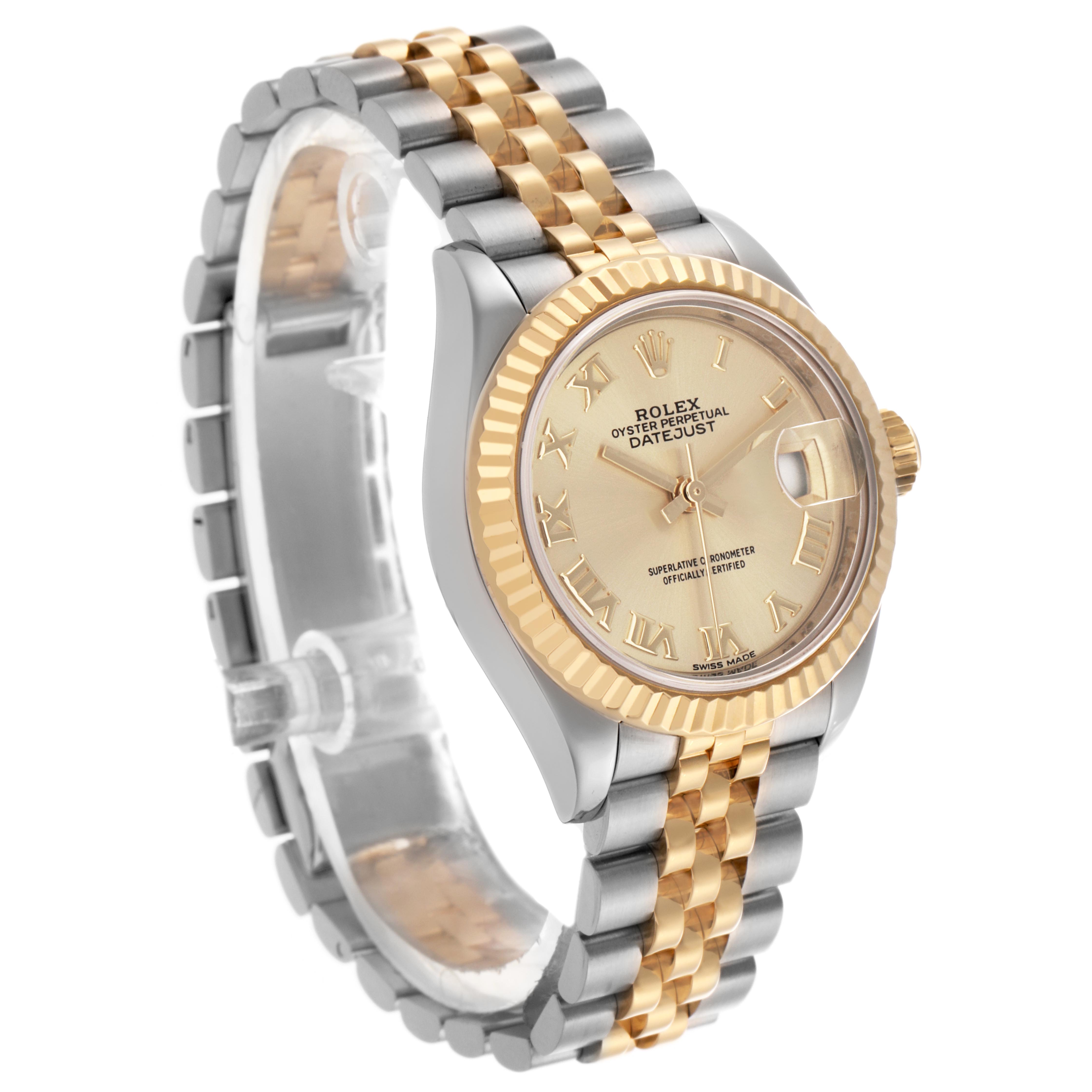 The Rolex Datejust 279173 Women's Steel and Gold (two tone) Champagne Dial 279173 Women's Steel and Gold (two tone) Champagne Dial watch is shown at a three-quarter angle, displaying the face, bezel, crown, and Jubilee bracelet.