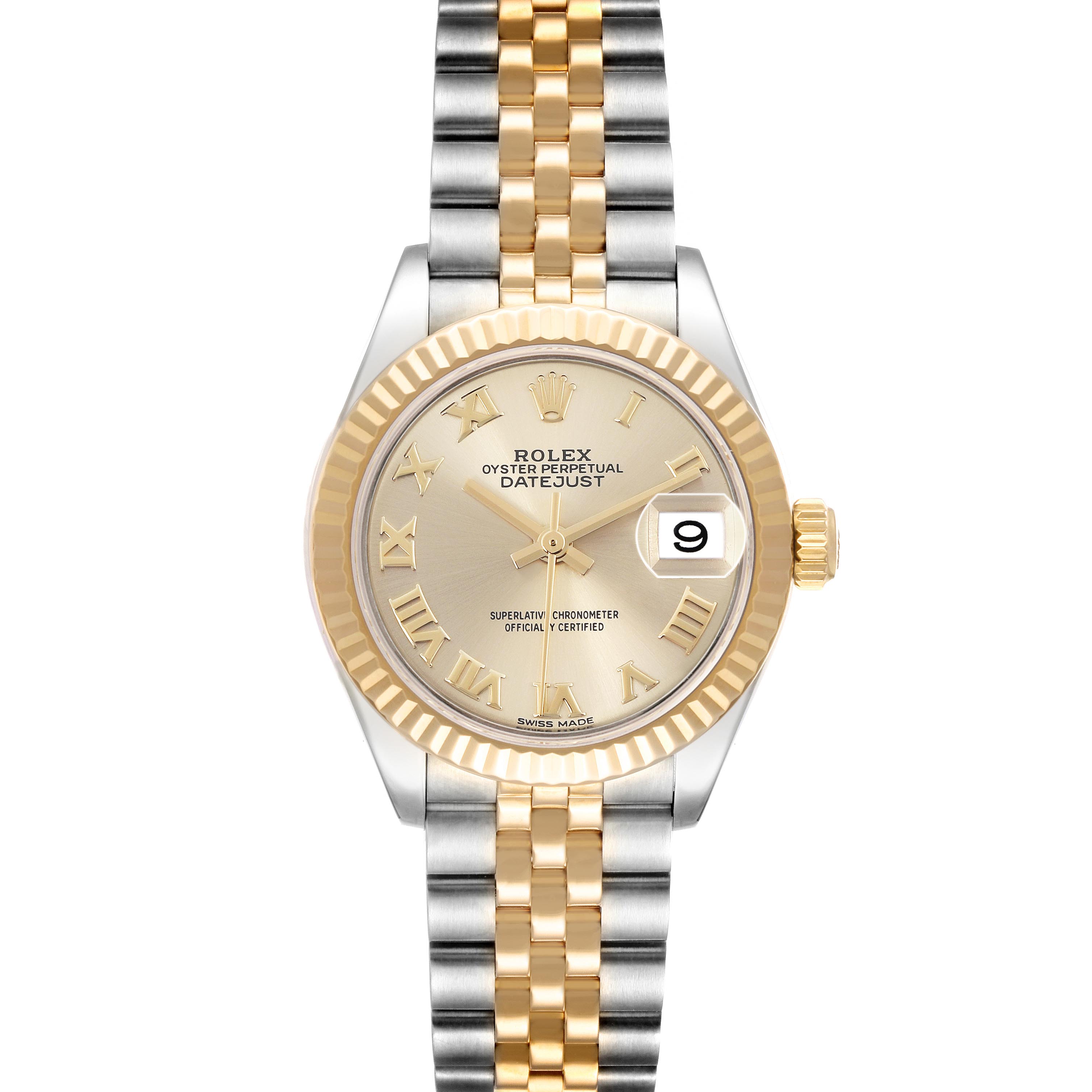 The Rolex Datejust 279173 Women's Steel and Gold (two tone) Champagne Dial 279173 Women's Steel and Gold (two tone) Champagne Dial watch is shown from the front, featuring a gold and silver bracelet, fluted bezel, and cyclops date lens.