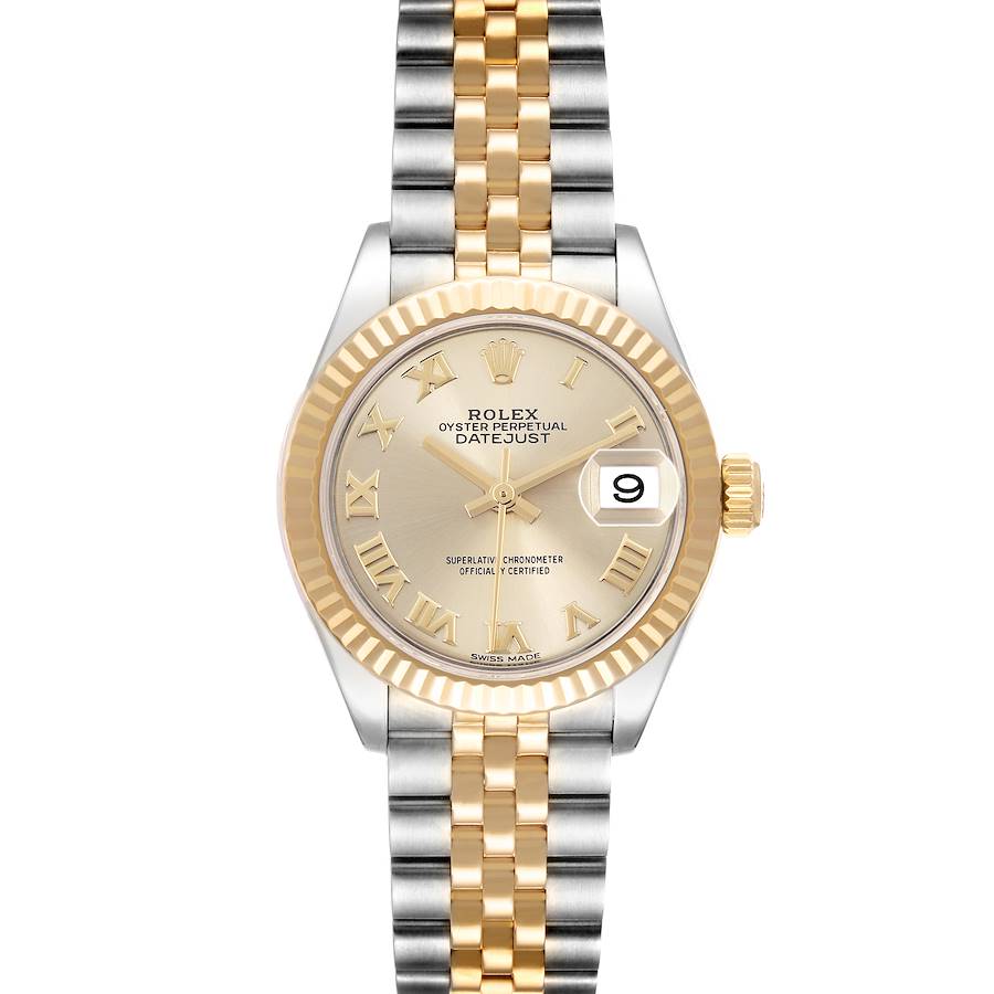 The Rolex Datejust watch is shown from the front, featuring a gold and silver bracelet, fluted bezel, and cyclops date lens.