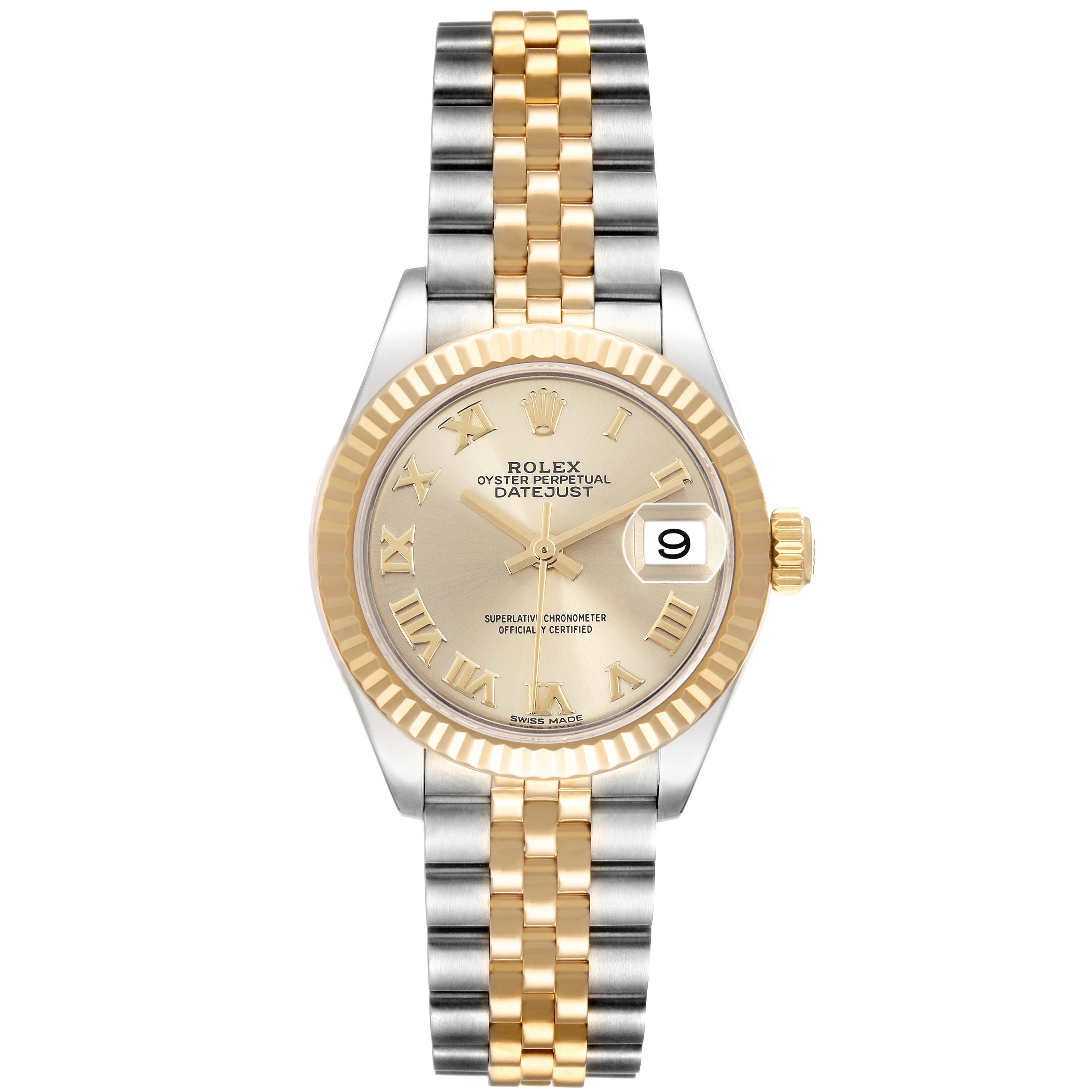 The Rolex Datejust 279173 Women's Steel and Gold (two tone) Champagne Dial 279173 Women's Steel and Gold (two tone) Champagne Dial watch is shown from the front, displaying the dial, bezel, bracelet, and date window.