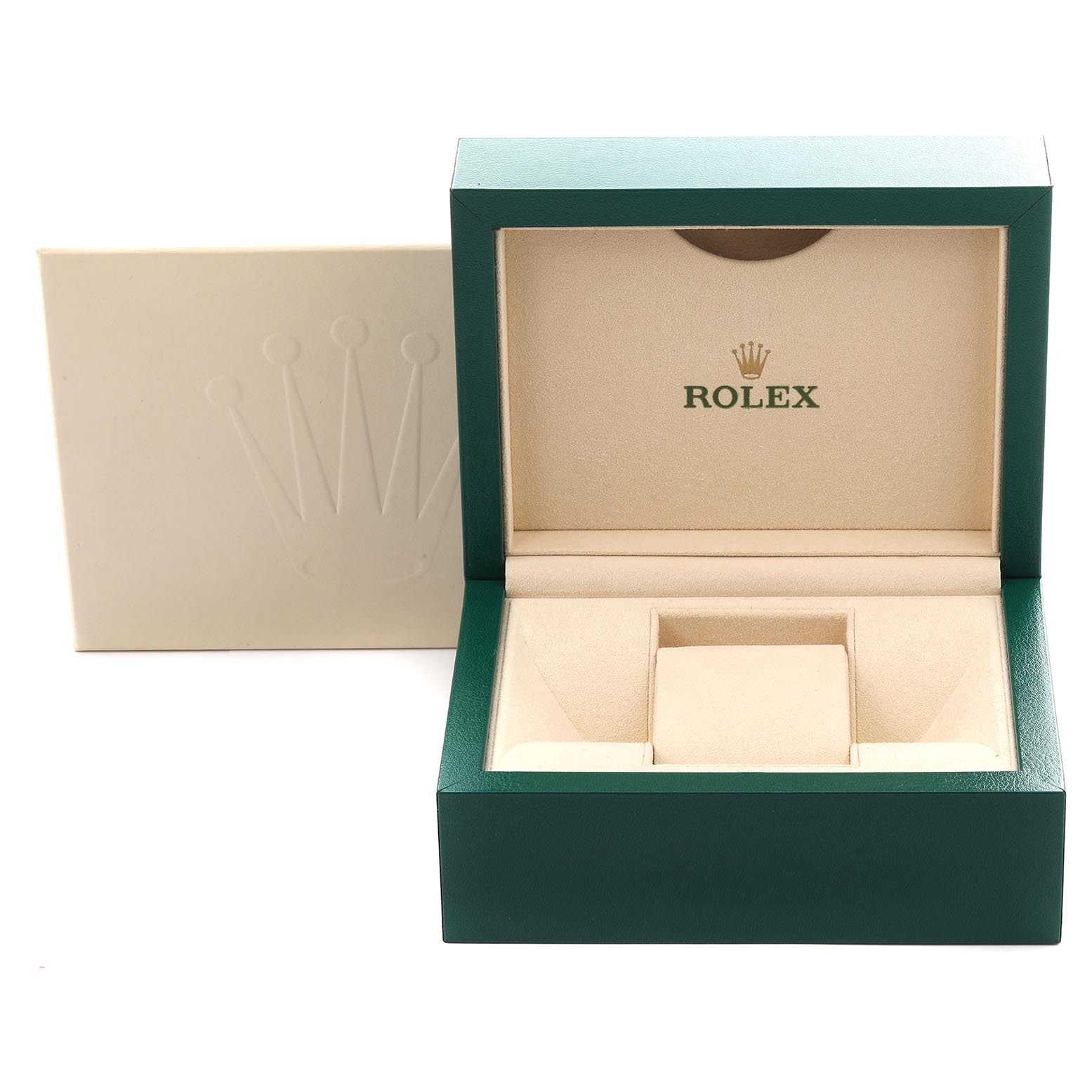 The image shows the open green and beige presentation box for a Rolex Datejust 279173 Women's Steel and Gold (two tone) Champagne Dial 279173 Women's Steel and Gold (two tone) Champagne Dial watch, displaying the interior and logo.
