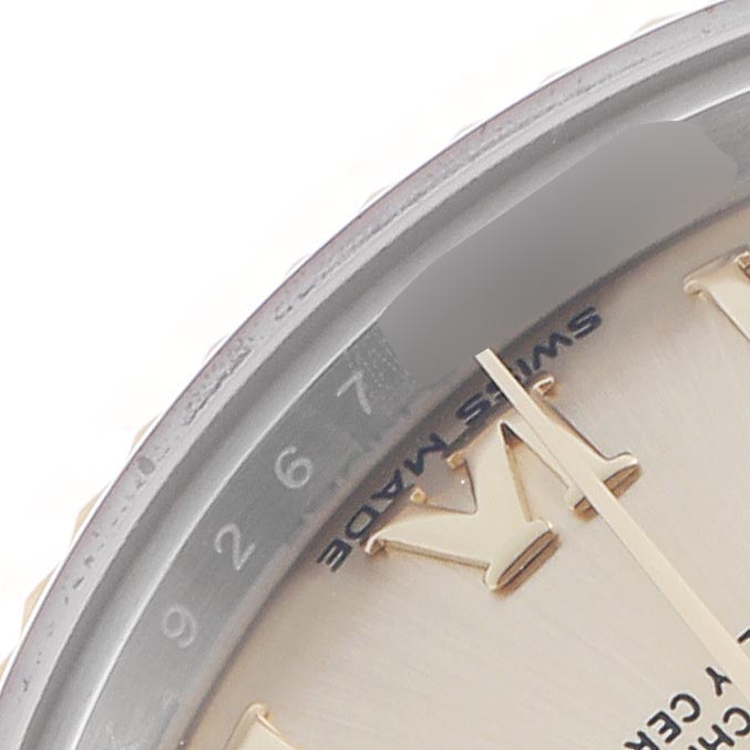 The image shows a close-up of the Rolex Datejust 279173 Women's Steel and Gold (two tone) Champagne Dial 279173 Women's Steel and Gold (two tone) Champagne Dial dial, highlighting the Roman numerals and part of the bezel.
