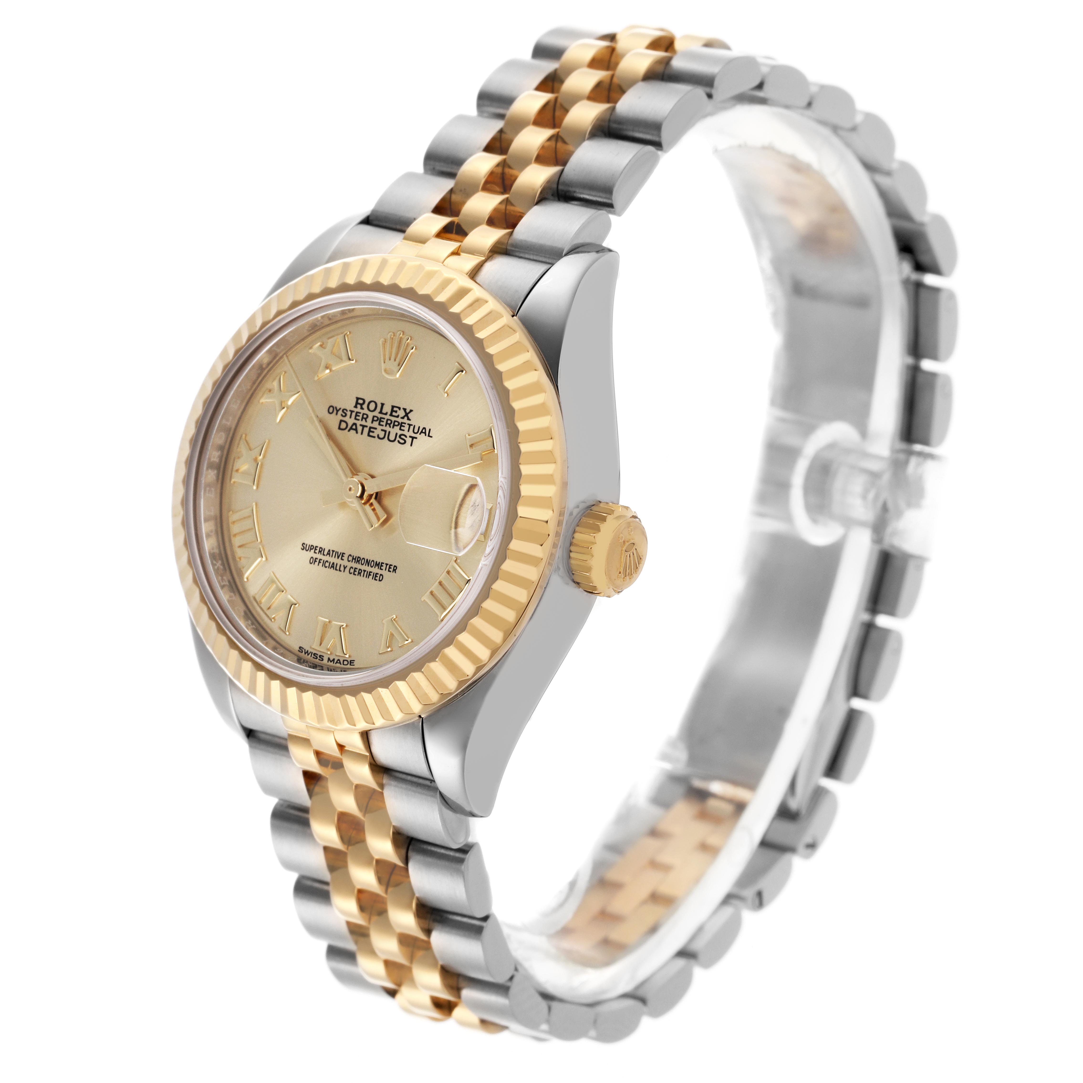 The Rolex Datejust 279173 Women's Steel and Gold (two tone) Champagne Dial 279173 Women's Steel and Gold (two tone) Champagne Dial watch is shown at an angled side view, highlighting the gold bezel, dial, and two-tone bracelet.
