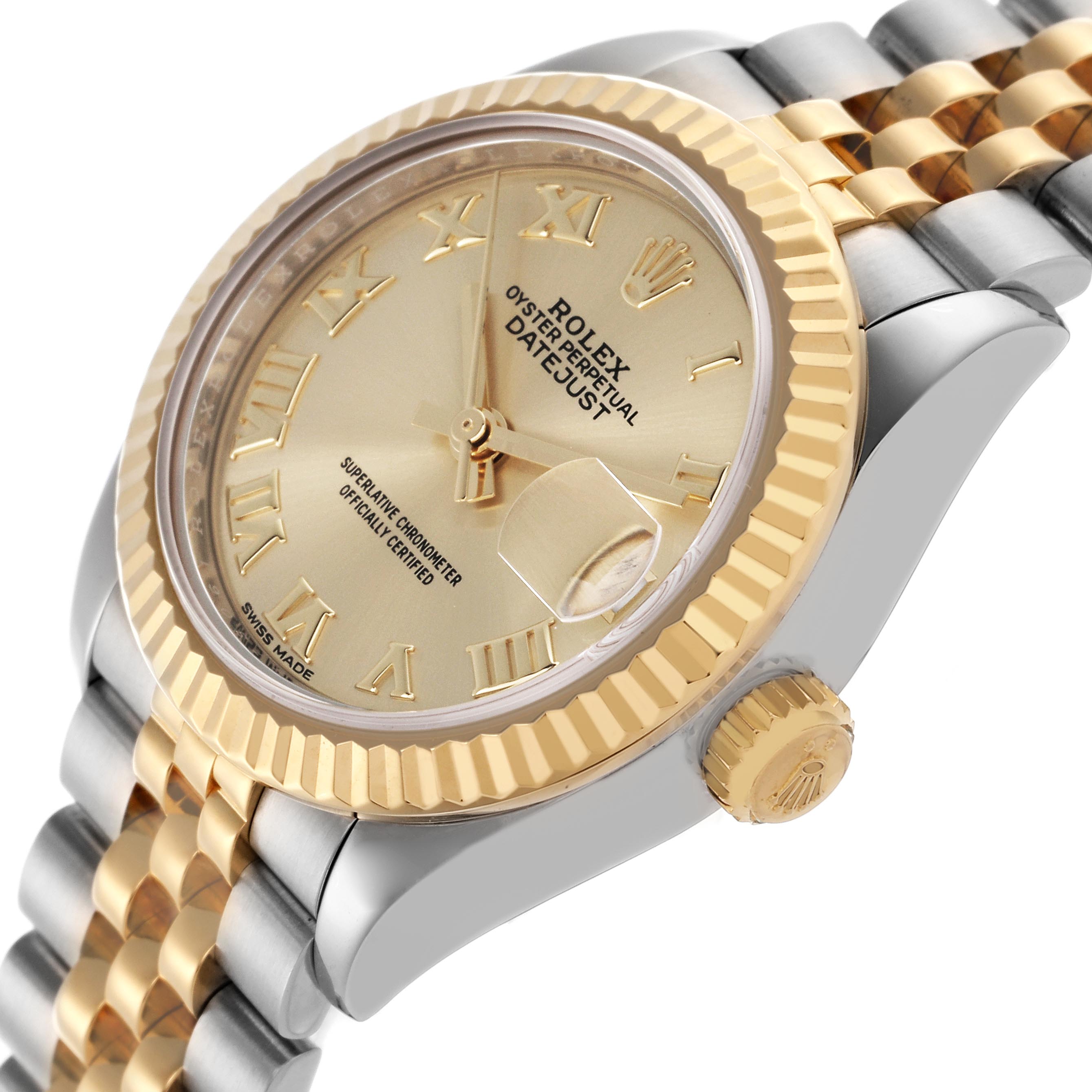 The Rolex Datejust 279173 Women's Steel and Gold (two tone) Champagne Dial 279173 Women's Steel and Gold (two tone) Champagne Dial watch is shown from a slight side angle, highlighting the dial, bezel, crown, and part of the bracelet.