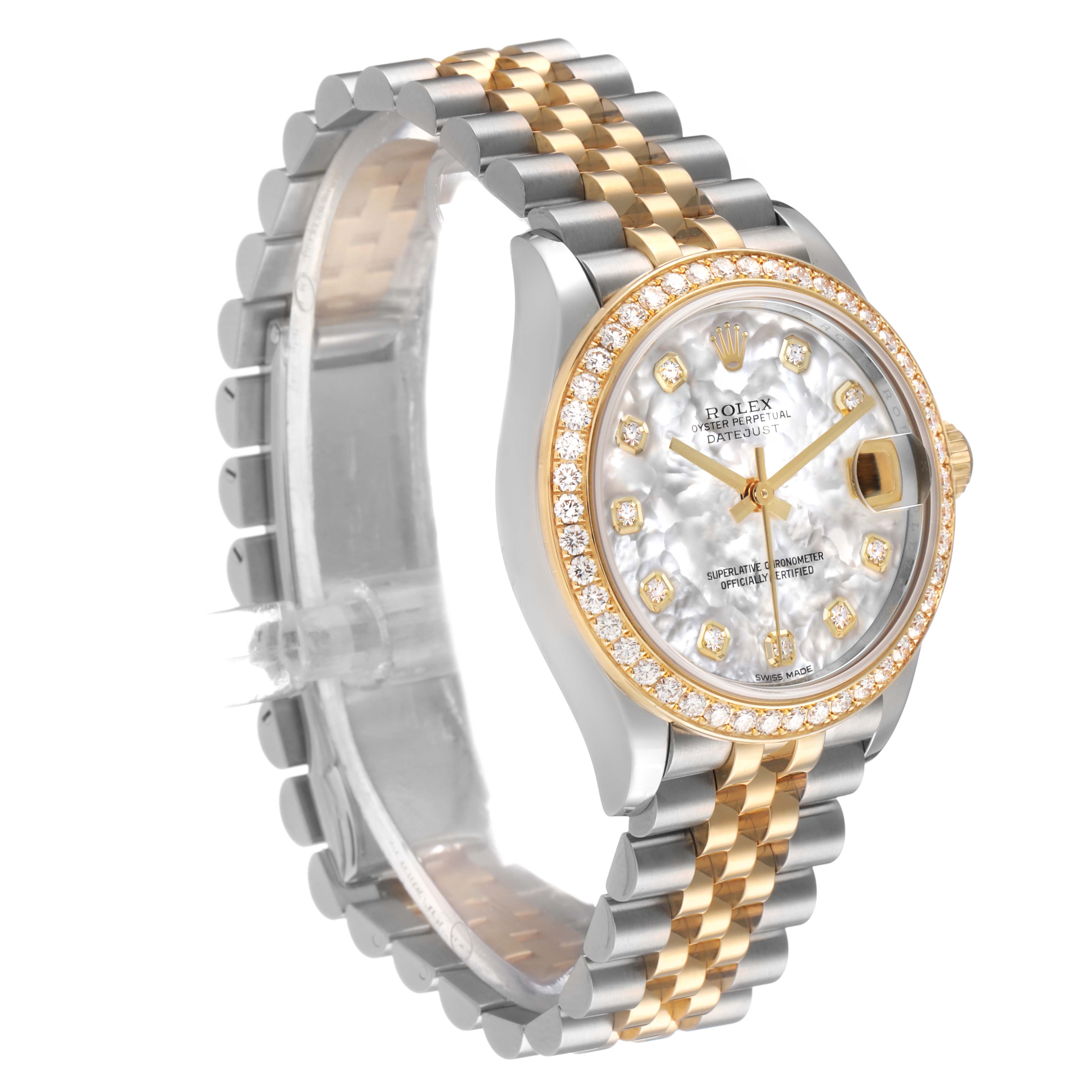 The Rolex Mid-Size 278383RBR Women's Steel and Gold (two tone) Mother of Pearl Dial model is shown at an angled view highlighting its two-tone bracelet, diamond-encrusted bezel, and dial.