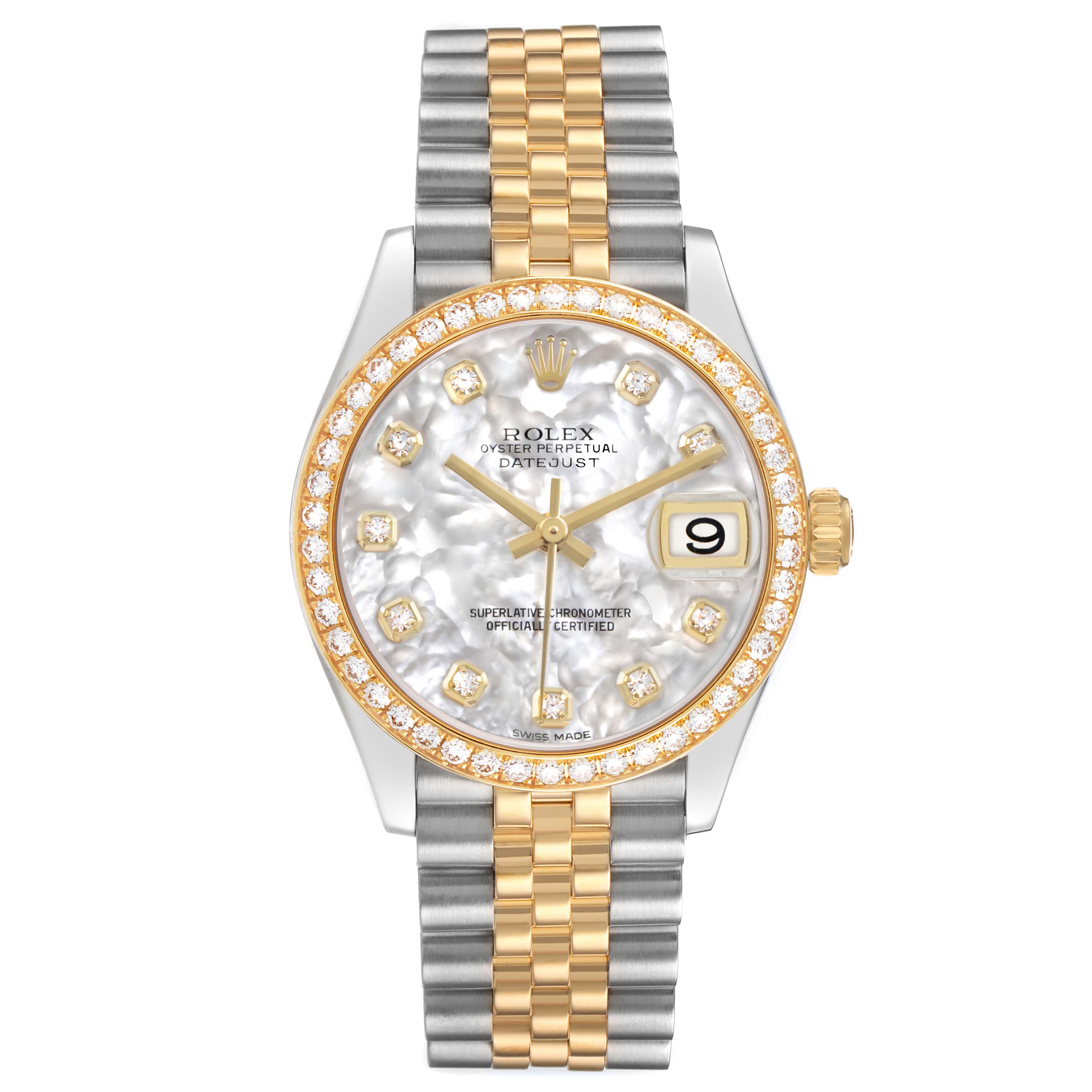 The Rolex Datejust Mid-Size is shown from the front, highlighting the dial, diamond markers, and two-tone bracelet.