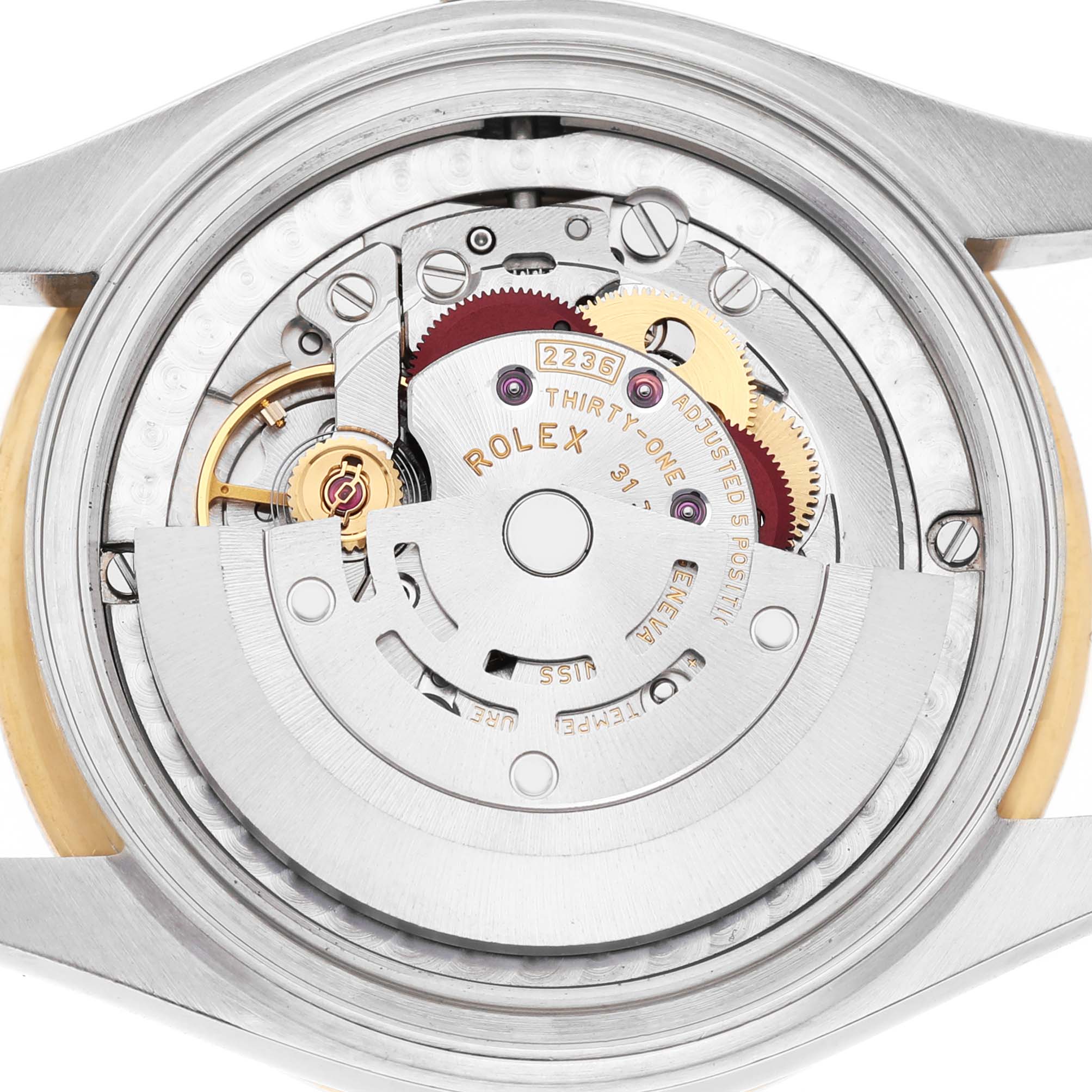The image shows the detailed internal mechanism of a Rolex Mid-Size 278383RBR Women's Steel and Gold (two tone) Mother of Pearl Dial watch from a back angle, highlighting the movement components.