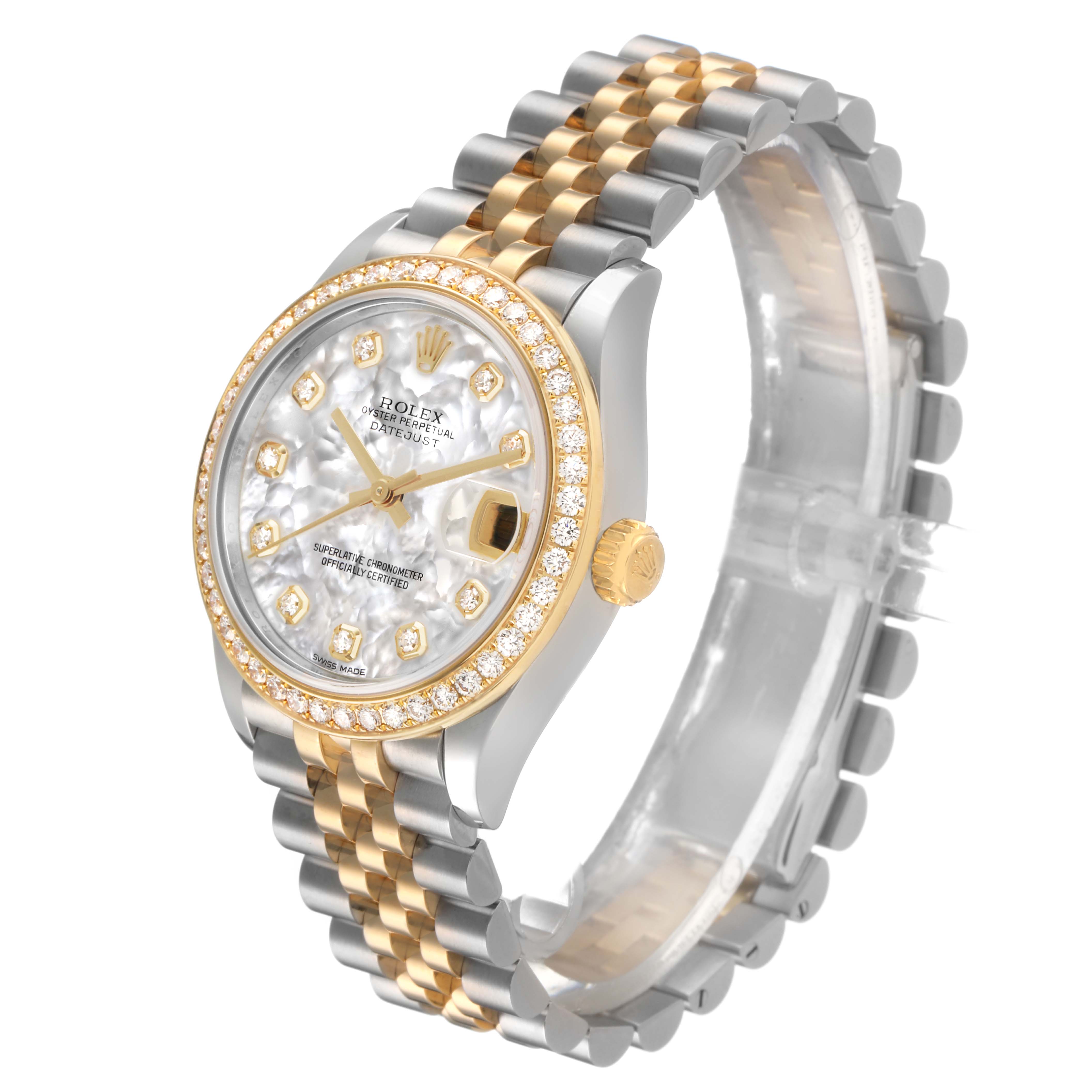 The Rolex Mid-Size 278383RBR Women's Steel and Gold (two tone) Mother of Pearl Dial watch is shown at a three-quarter angle, highlighting the dial, bezel, crown, and two-tone bracelet.