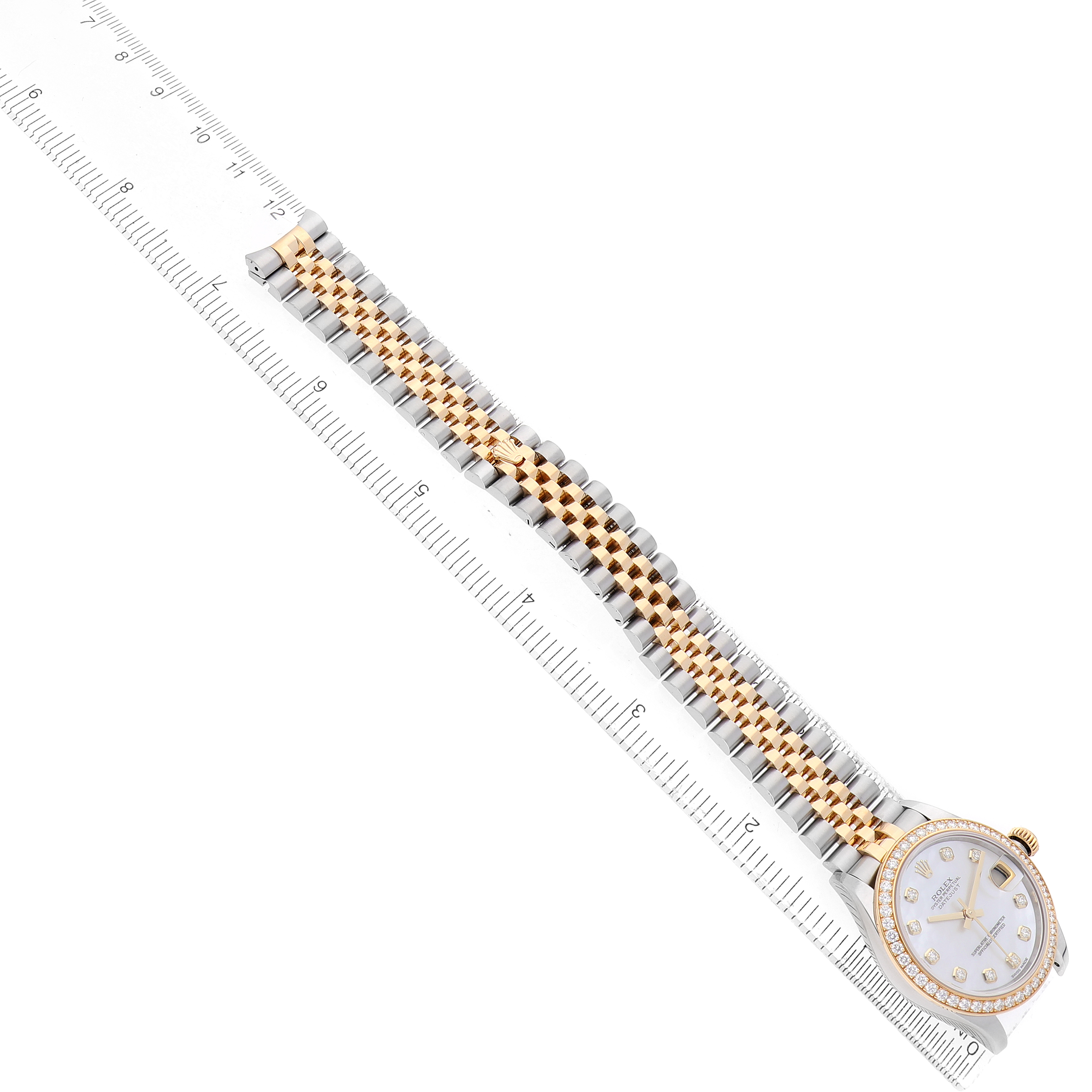 The Rolex Mid-Size 278383RBR Women's Steel and Gold (two tone) Mother of Pearl Dial watch is shown from a top-down angle, displaying the face, bracelet, and part of the bezel.