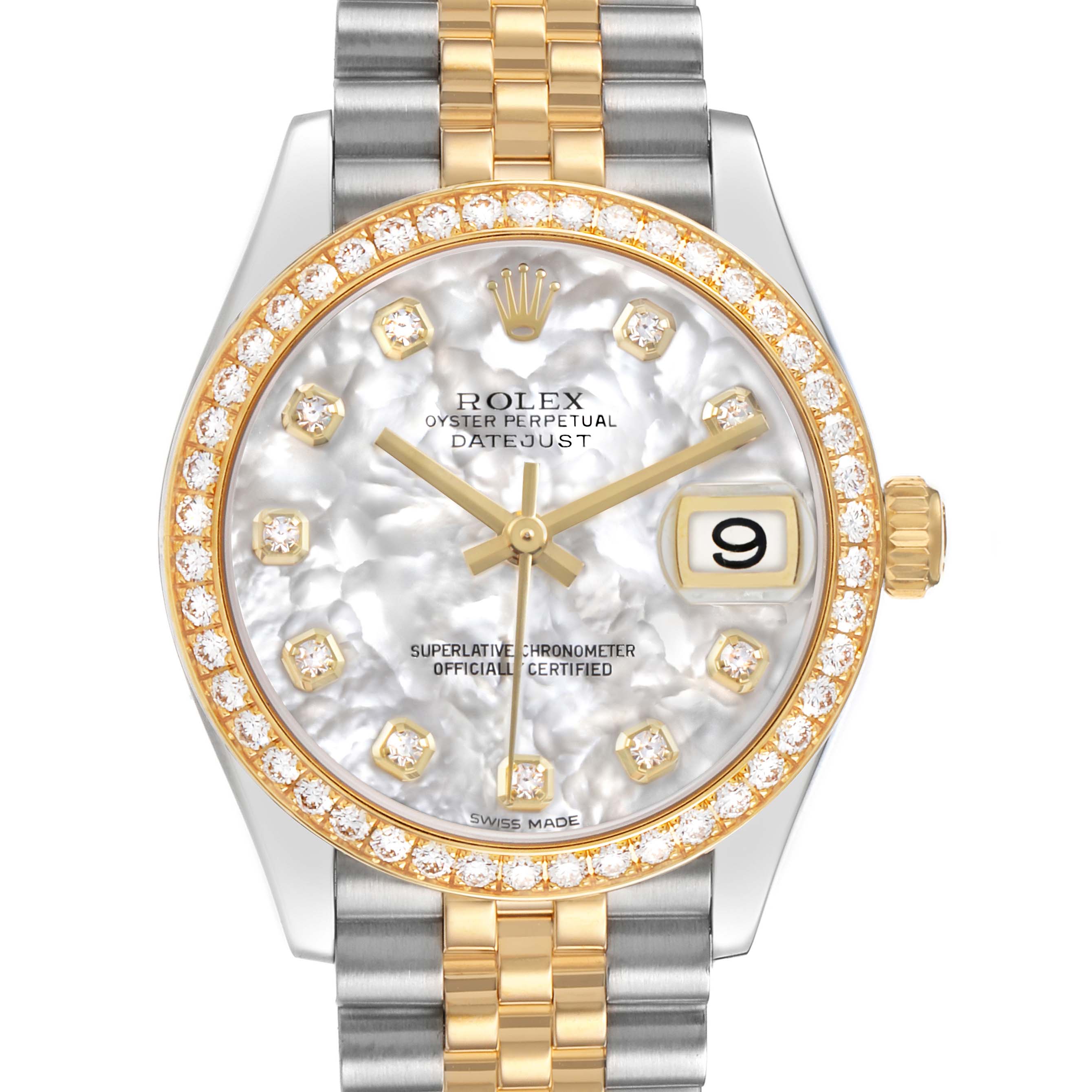 The image shows a front view of a Rolex Mid-Size 278383RBR Women's Steel and Gold (two tone) Mother of Pearl Dial Datejust, highlighting the dial, diamond bezel, and two-tone bracelet.