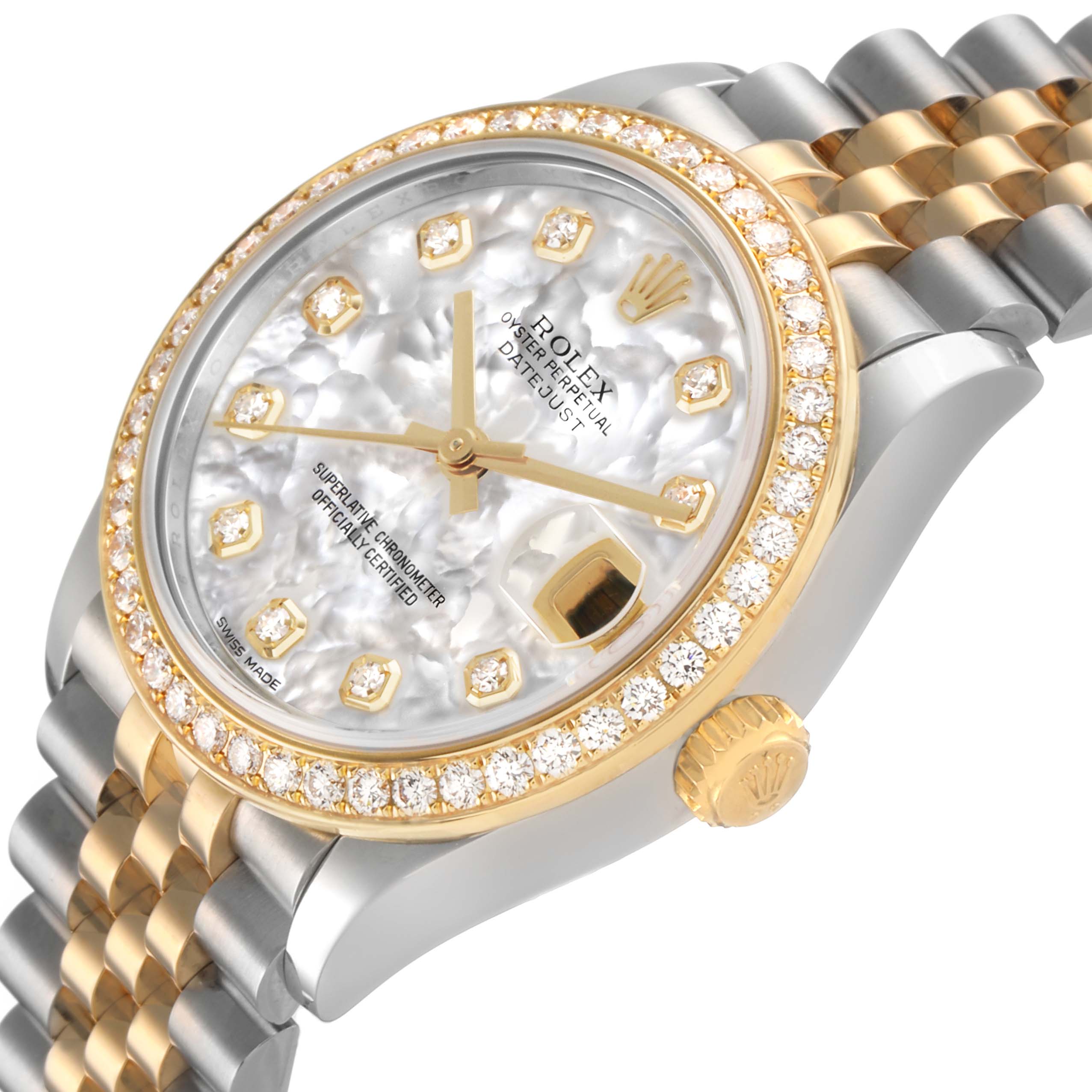 The Rolex Mid-Size 278383RBR Women's Steel and Gold (two tone) Mother of Pearl Dial watch is shown at a three-quarter angle, highlighting the gold bezel with diamonds, dial, and two-tone bracelet.