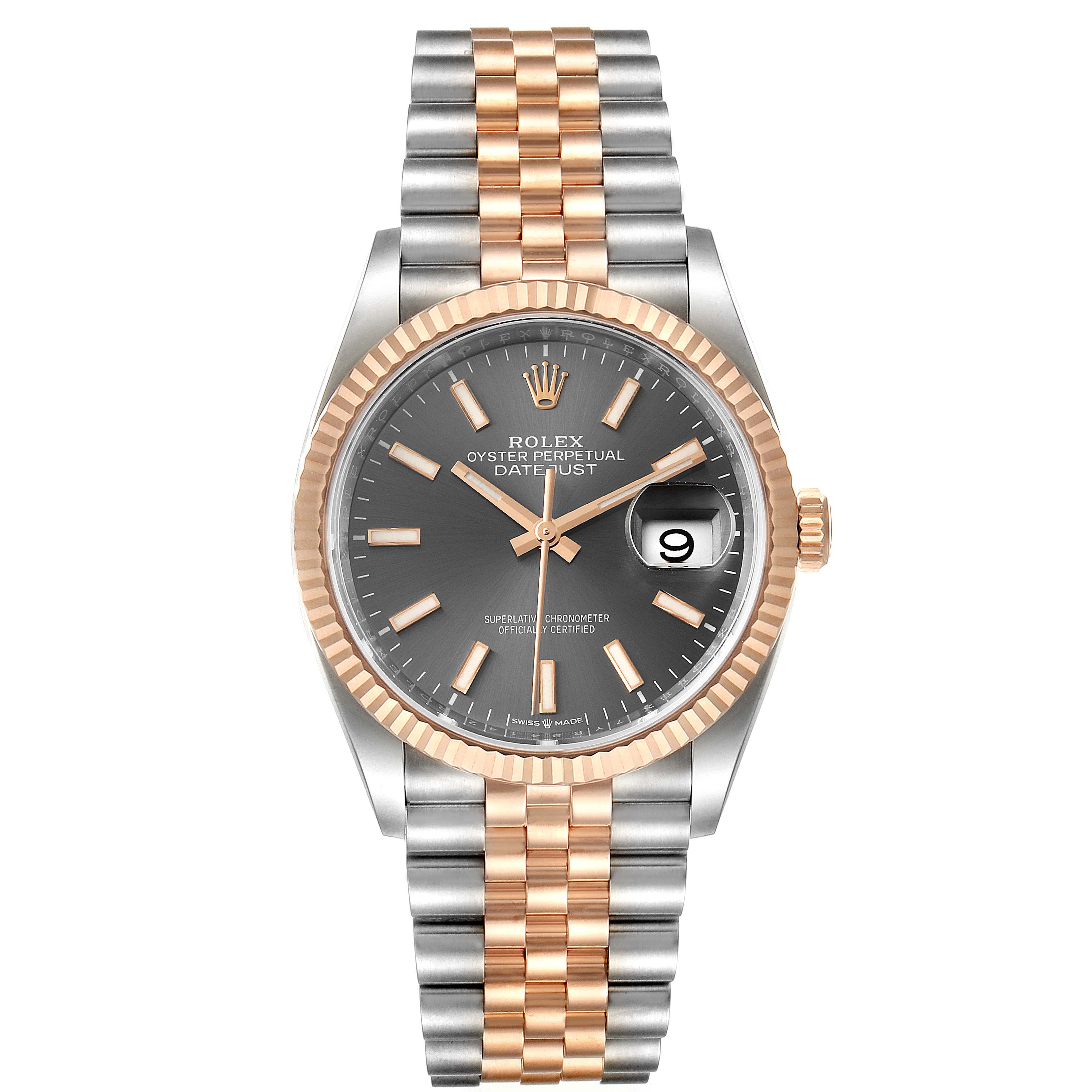The watch is shown from a top-down angle, displaying the face, dial, bezel, and full bracelet of the Rolex Datejust 126231 Men
s Steel and Gold (two tone) Grey Dial 126231 Men
s Steel and Gold (two tone) Grey Dial model.