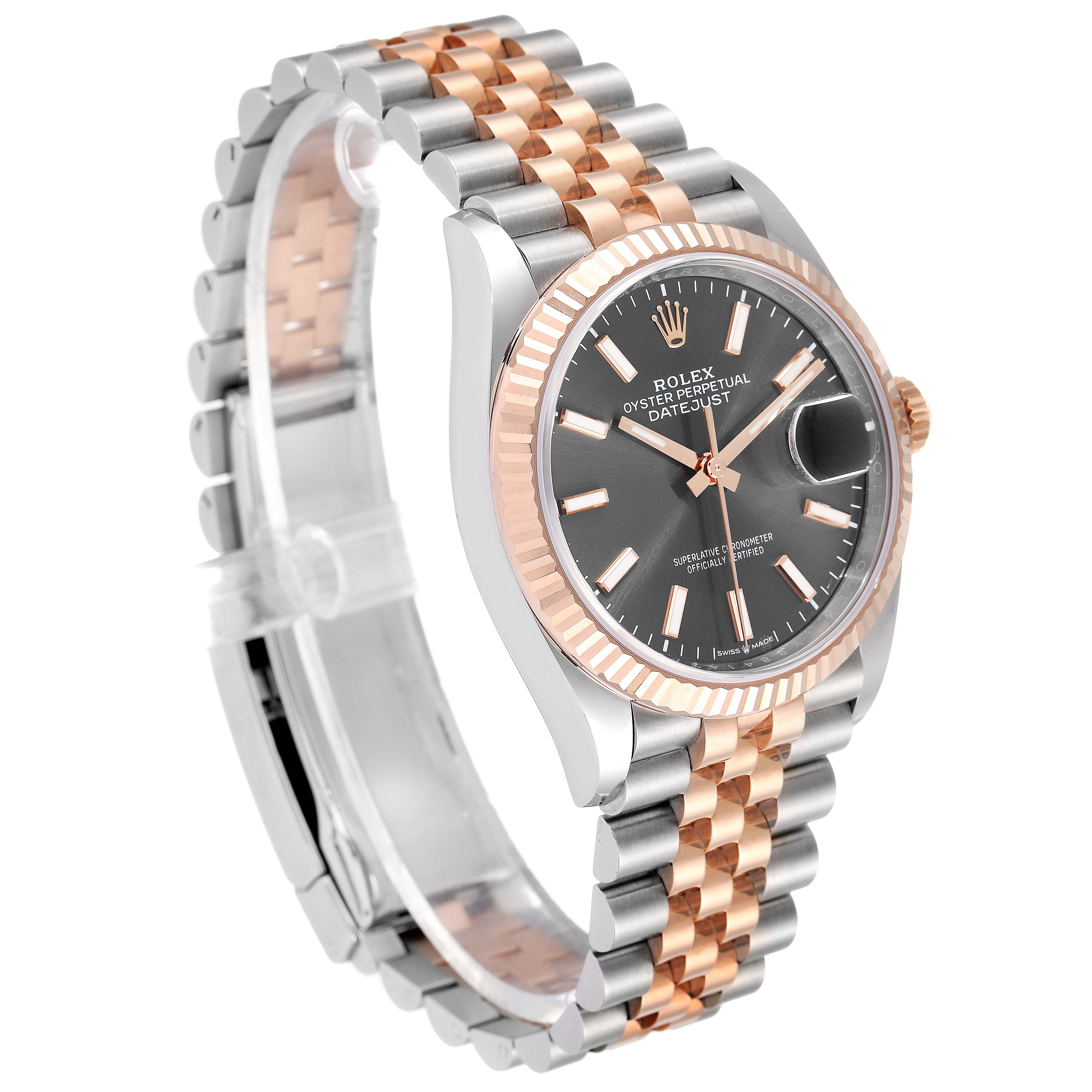 This image shows a Rolex Datejust 126231 Men
s Steel and Gold (two tone) Grey Dial 126231 Men
s Steel and Gold (two tone) Grey Dial watch at an angle highlighting the dial, bezel, crown, and Jubilee bracelet.