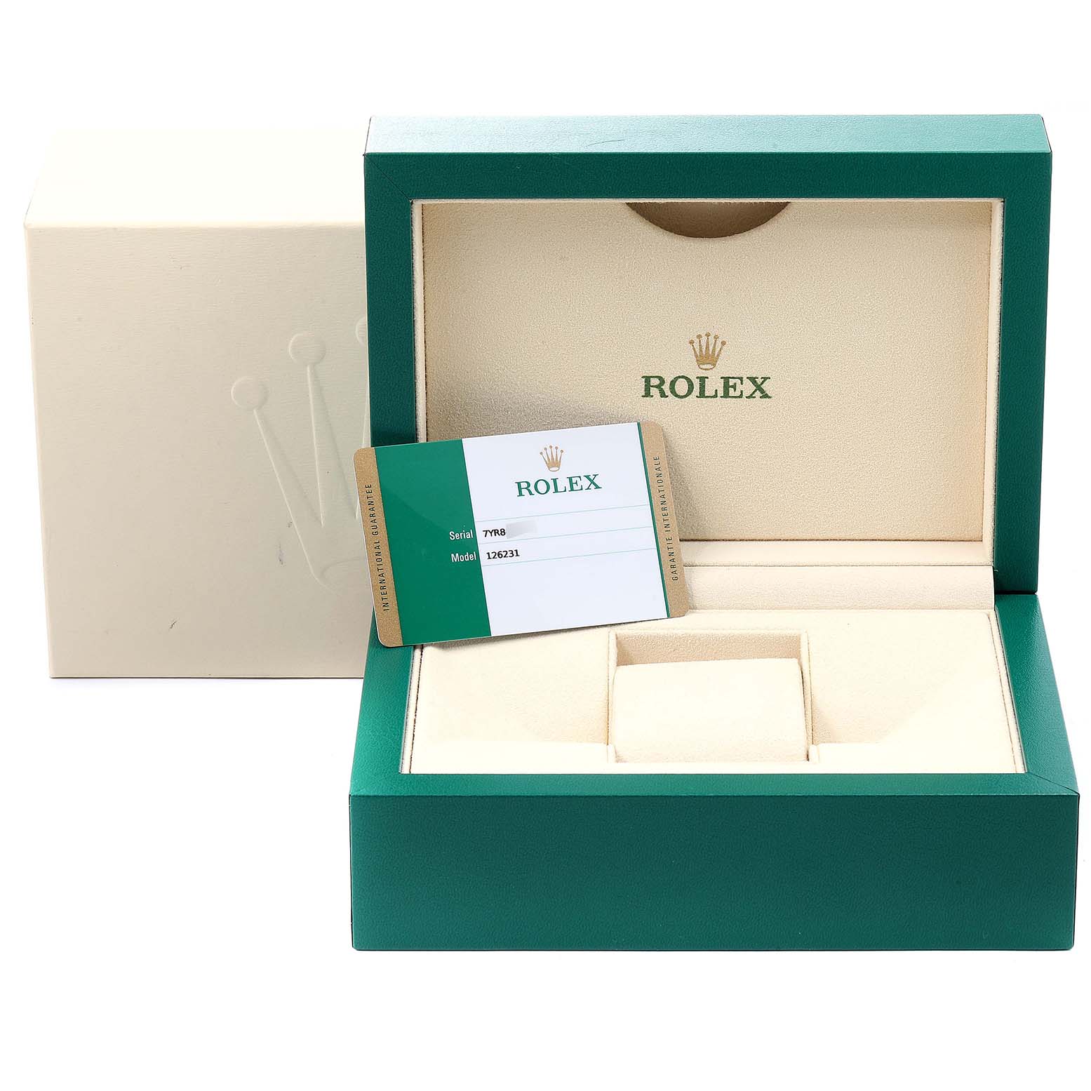 The image displays the packaging box and Best Quality
ation card for a Rolex Datejust 126231 Men
s Steel and Gold (two tone) Grey Dial 126231 Men
s Steel and Gold (two tone) Grey Dial model.