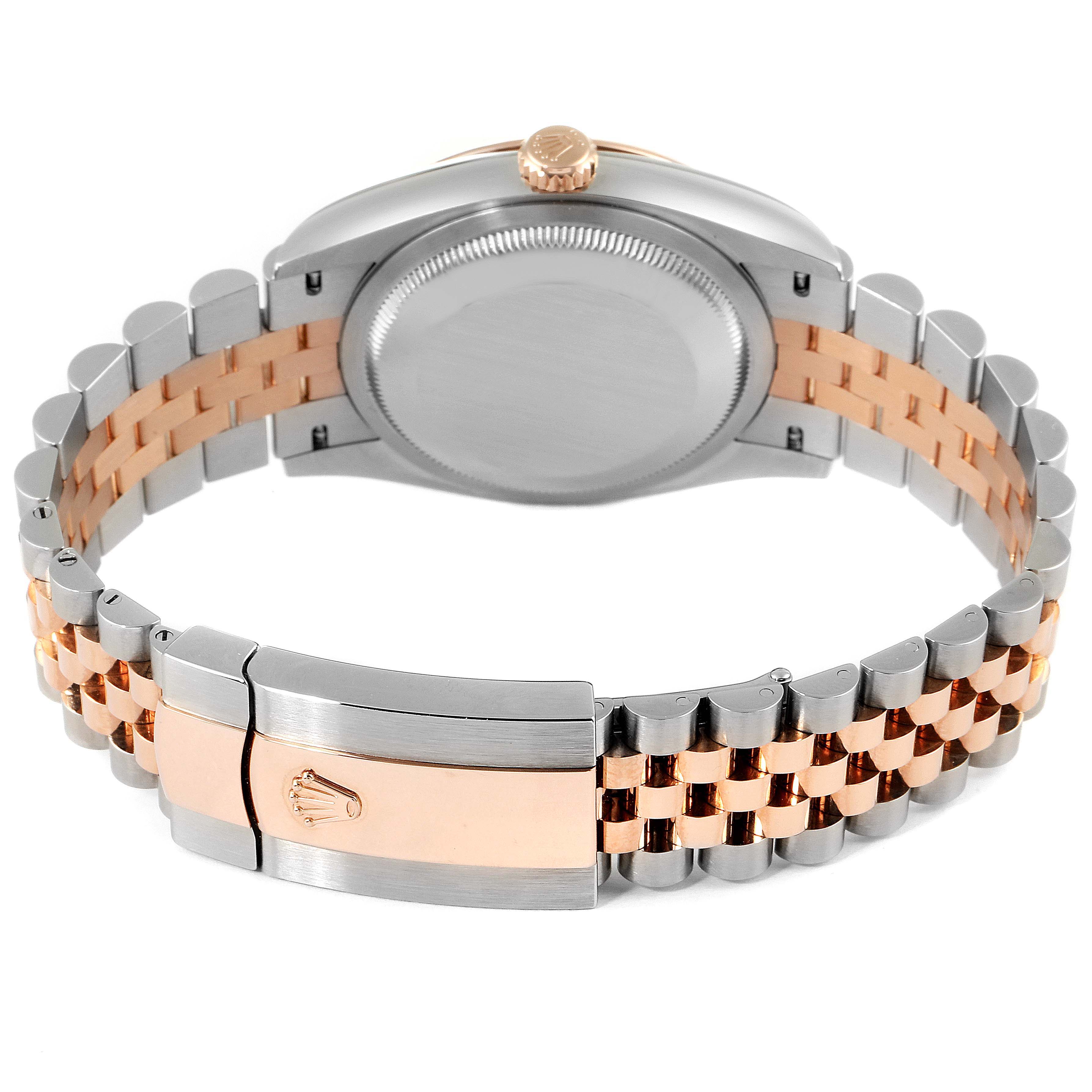 The image shows the back view of a Rolex Datejust 126231 Men
s Steel and Gold (two tone) Grey Dial 126231 Men
s Steel and Gold (two tone) Grey Dial watch, highlighting its two-tone bracelet and clasp.