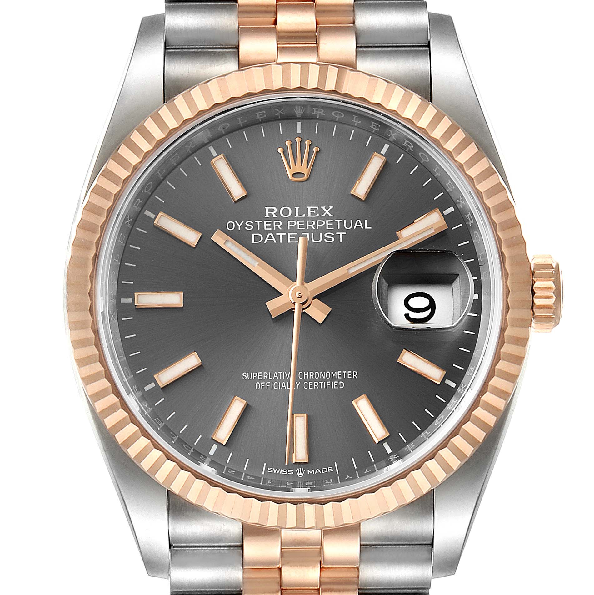 This image shows a front-facing view of a Rolex Datejust 126231 Men
s Steel and Gold (two tone) Grey Dial 126231 Men
s Steel and Gold (two tone) Grey Dial watch, highlighting the dial, hands, fluted bezel, and part of the bracelet.