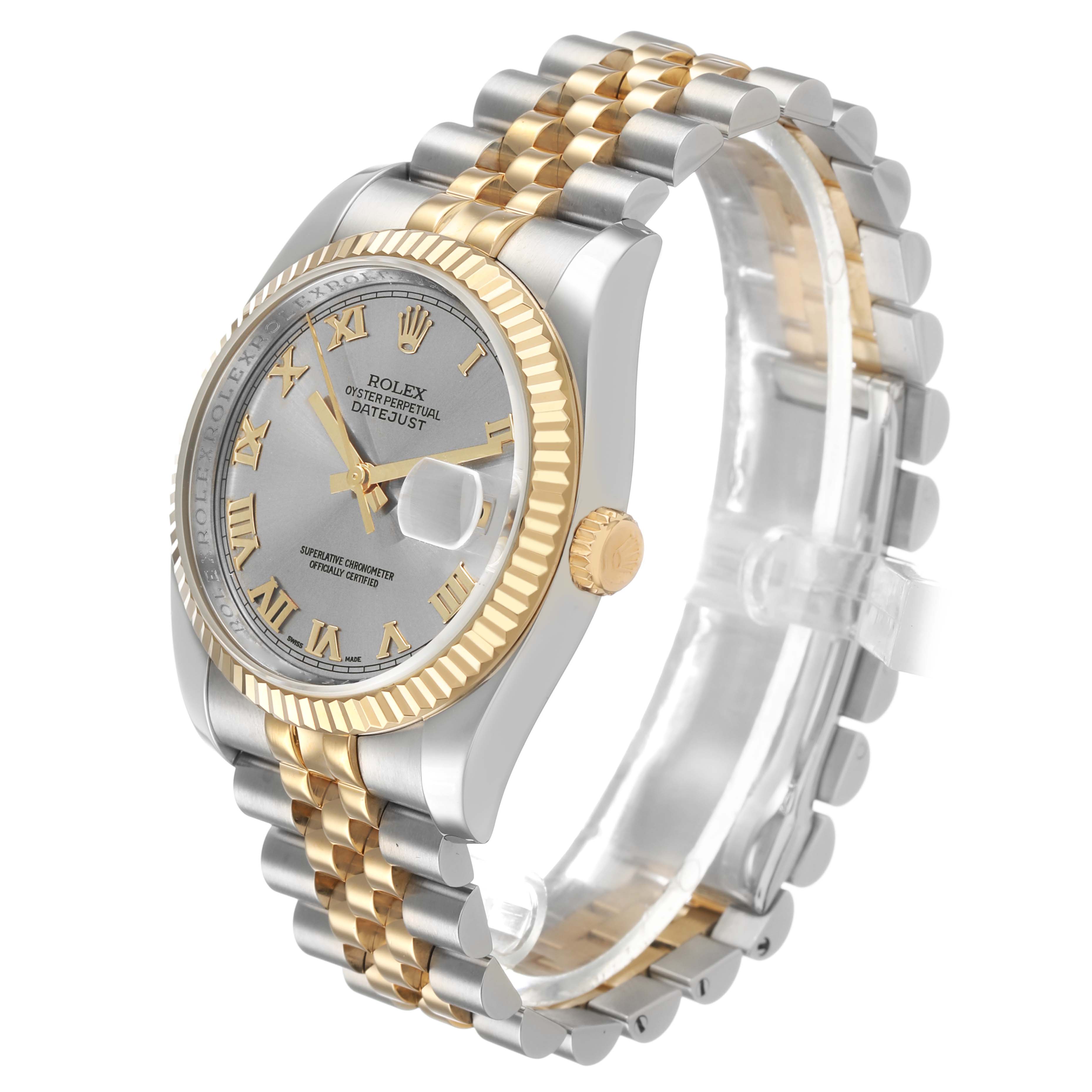 The Rolex Datejust 116233 Men's Steel and Gold (two tone) Grey Dial watch is shown at a slight side angle, highlighting the dial, bezel, and two-tone jubilee bracelet.