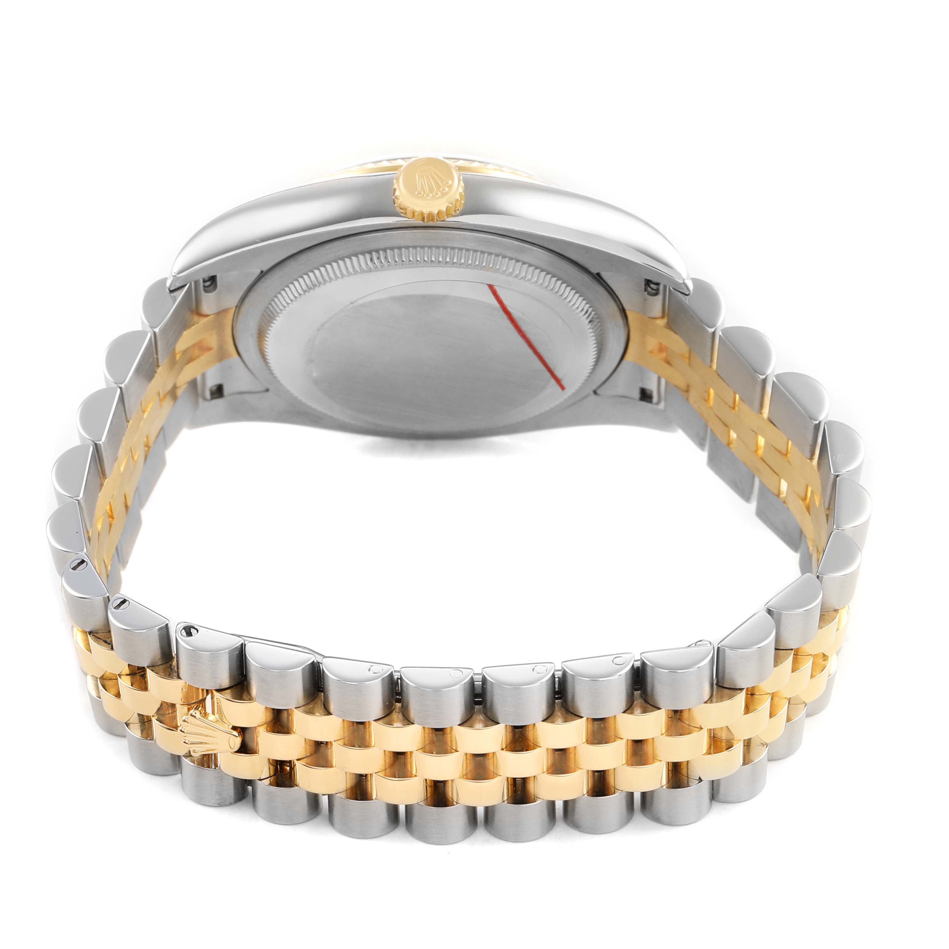 The image shows the back and side of a Rolex Datejust 116233 Men's Steel and Gold (two tone) Grey Dial, highlighting the casing, crown, and two-tone bracelet.