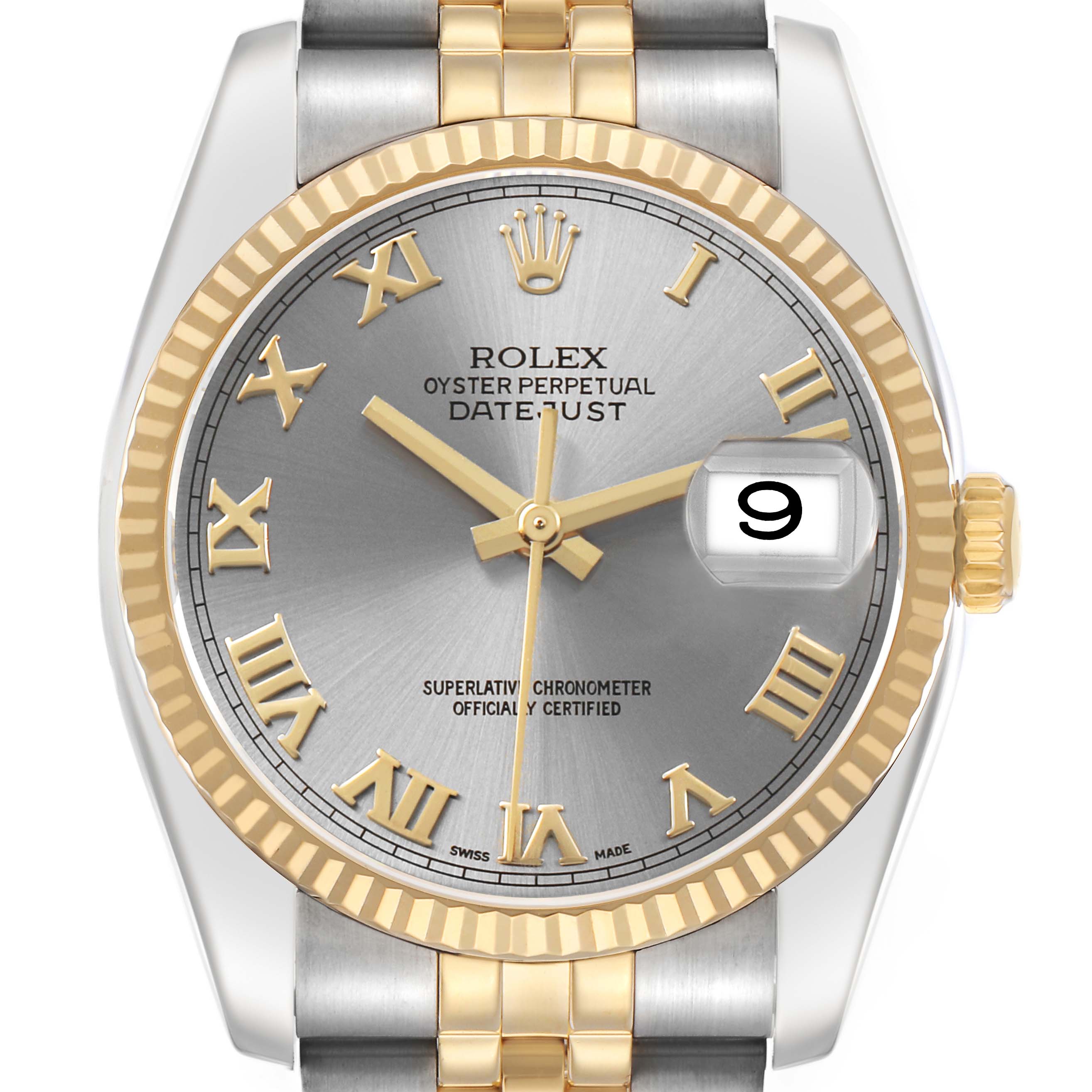 The Rolex Datejust 116233 Men's Steel and Gold (two tone) Grey Dial watch is shown from the front, highlighting the dial, hands, Roman numerals, and bezel.