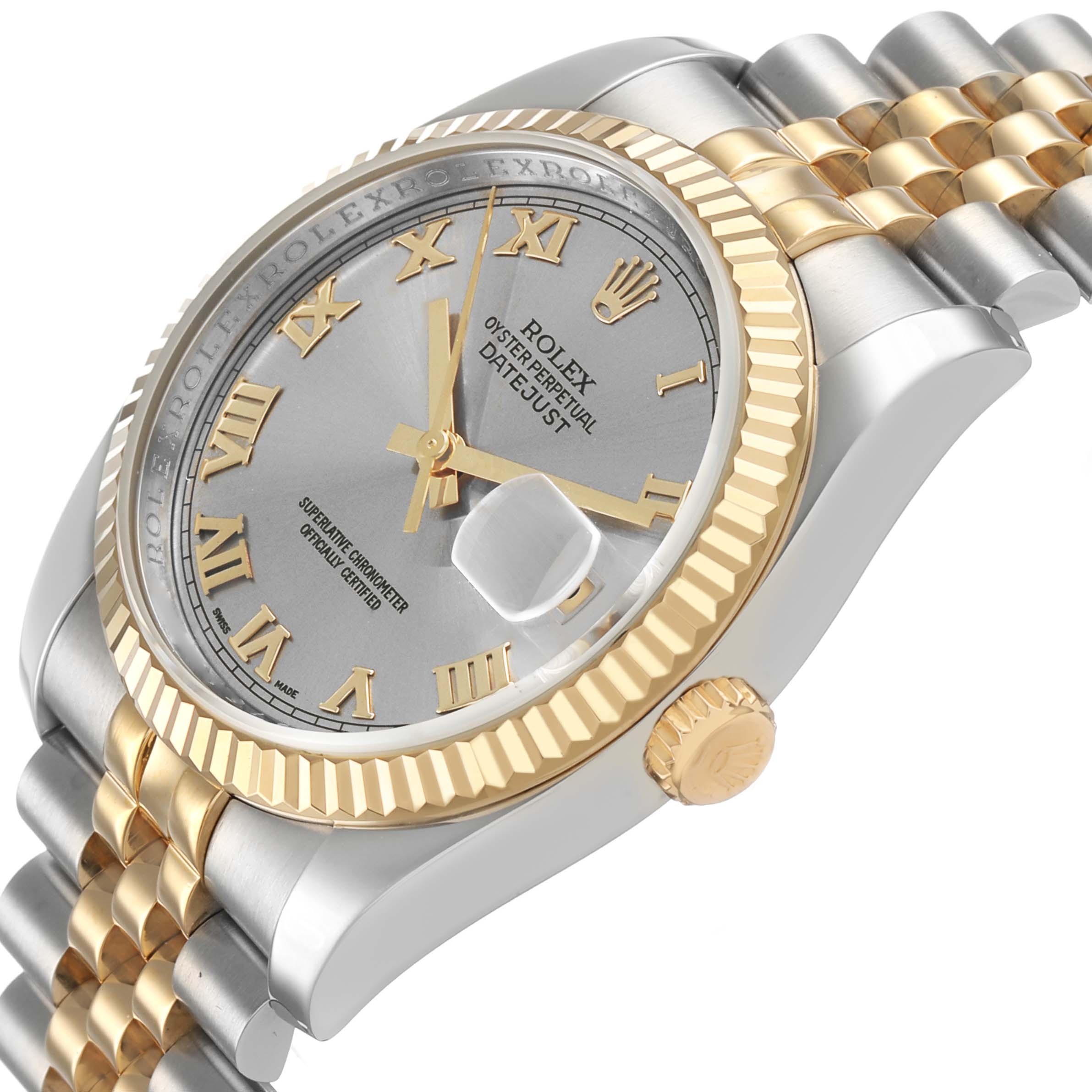The Rolex Datejust 116233 Men's Steel and Gold (two tone) Grey Dial is shown at an angle highlighting the dial, bezel, crown, and part of the bracelet.
