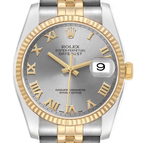 The Rolex Datejust 116233 Men's Steel and Gold (two tone) Grey Dial watch is shown in a front view highlighting its face and bracelet.