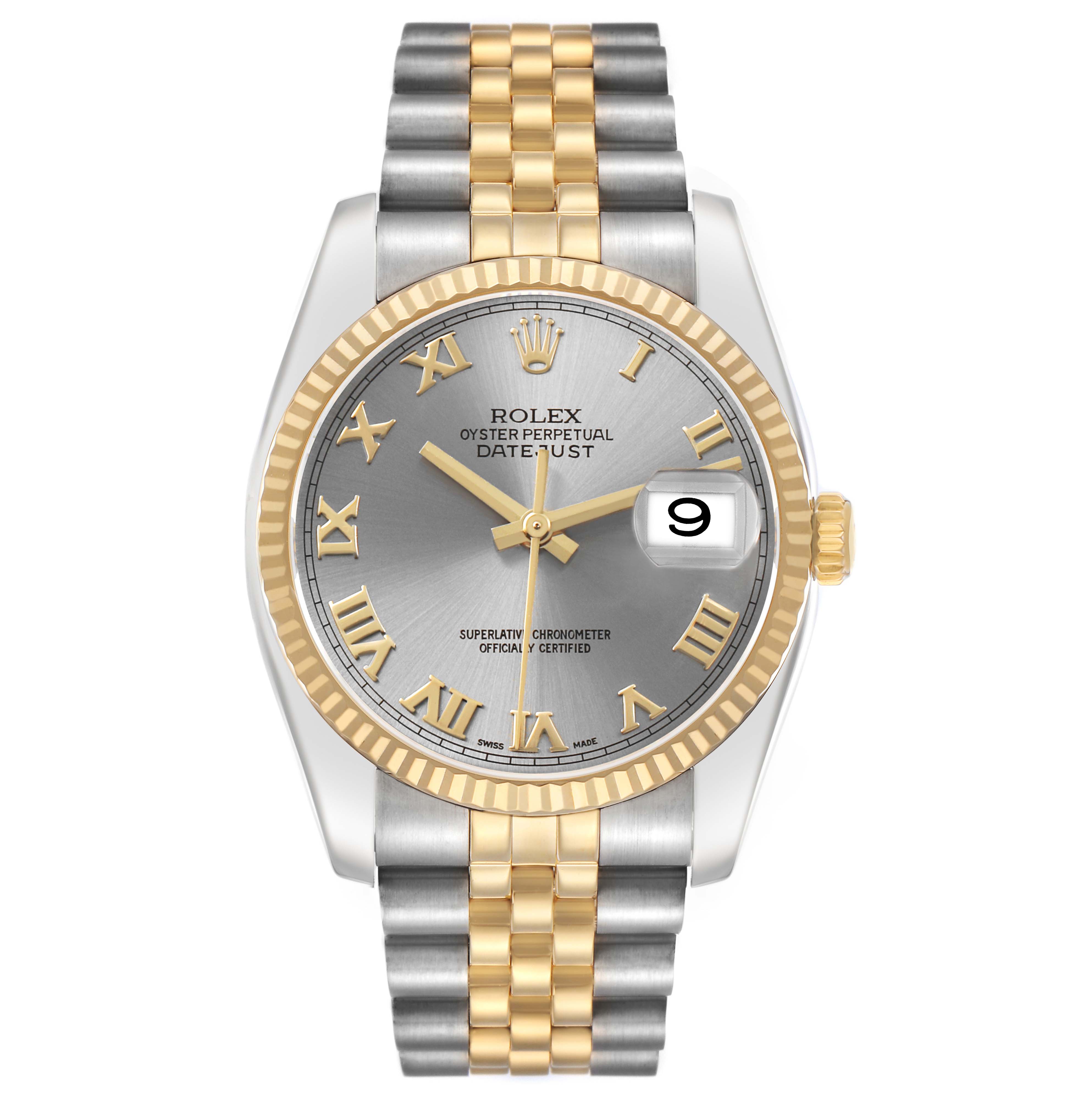 The Rolex Datejust 116233 Men's Steel and Gold (two tone) Grey Dial is shown from the front, highlighting its silver and gold dial, bezel, and bracelet with Roman numerals.