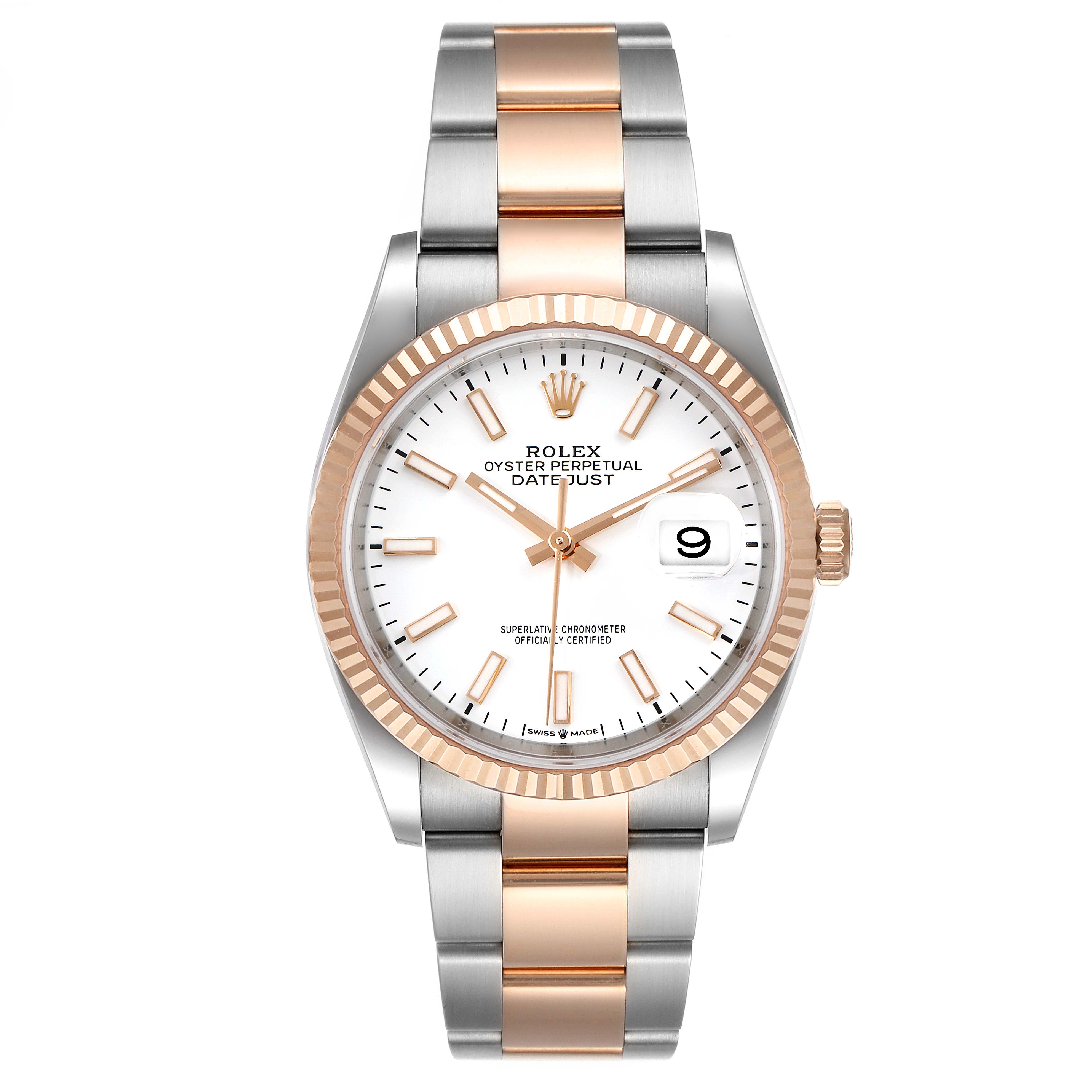 The image shows a front view of a Rolex Datejust 126231 Men's Steel and Gold (two tone) White Dial 126231 Men's Steel and Gold (two tone) White Dial watch with a two-tone bracelet and a white dial.