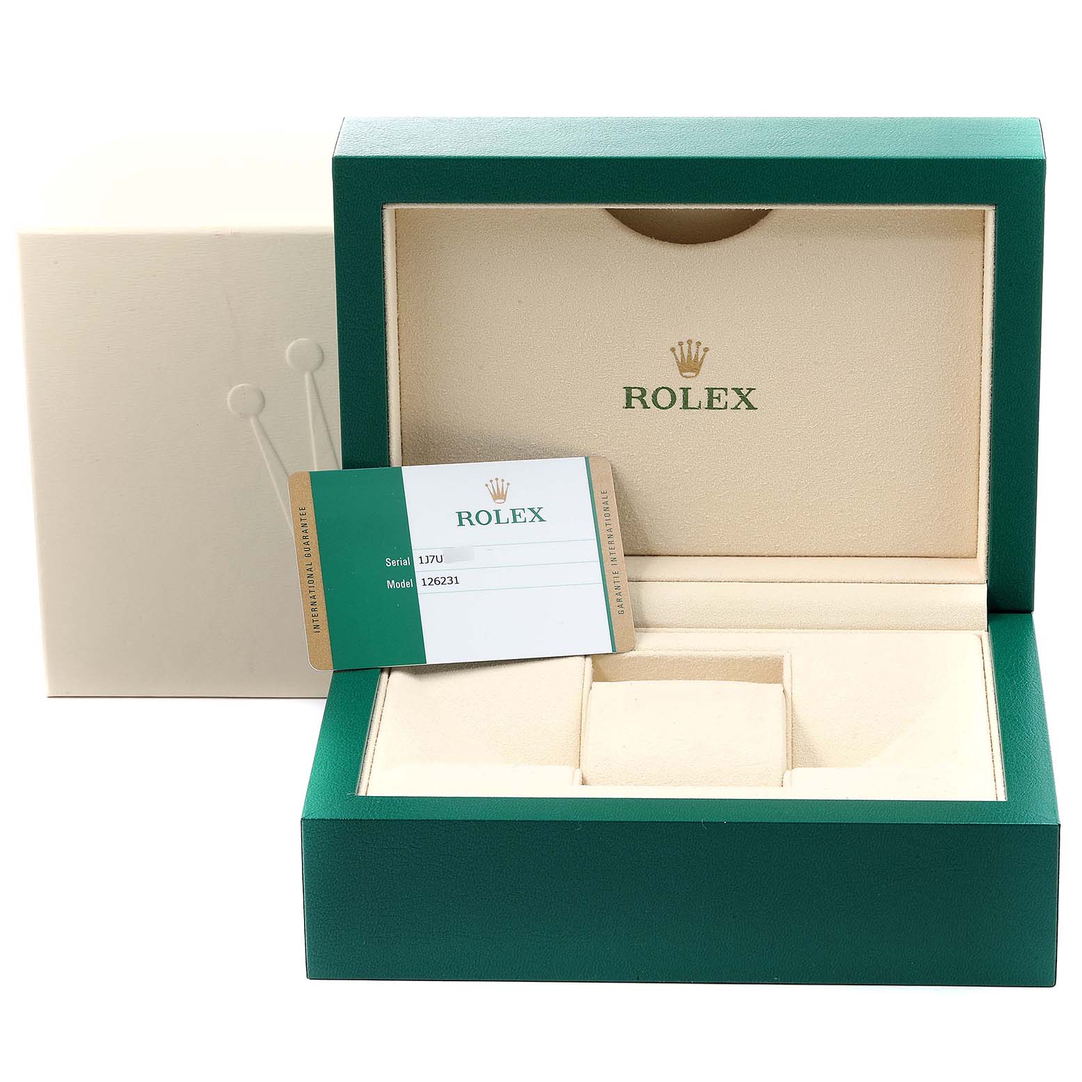 The image shows the open box and warranty card for a Rolex Datejust 126231 Men's Steel and Gold (two tone) White Dial 126231 Men's Steel and Gold (two tone) White Dial model.
