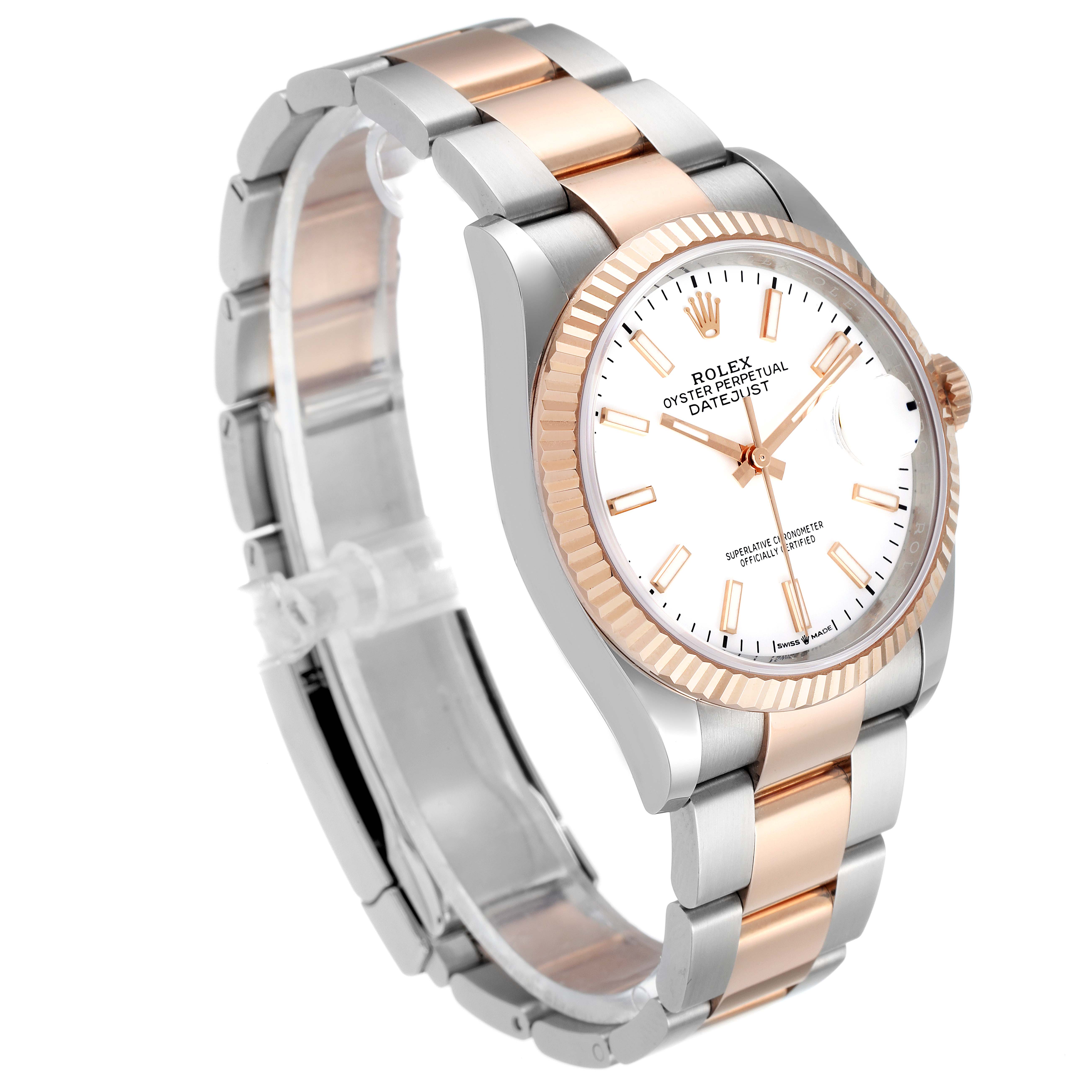 This image shows a Rolex Datejust 126231 Men's Steel and Gold (two tone) White Dial 126231 Men's Steel and Gold (two tone) White Dial watch angled from the front-left, highlighting the dial, bezel, and two-tone bracelet.