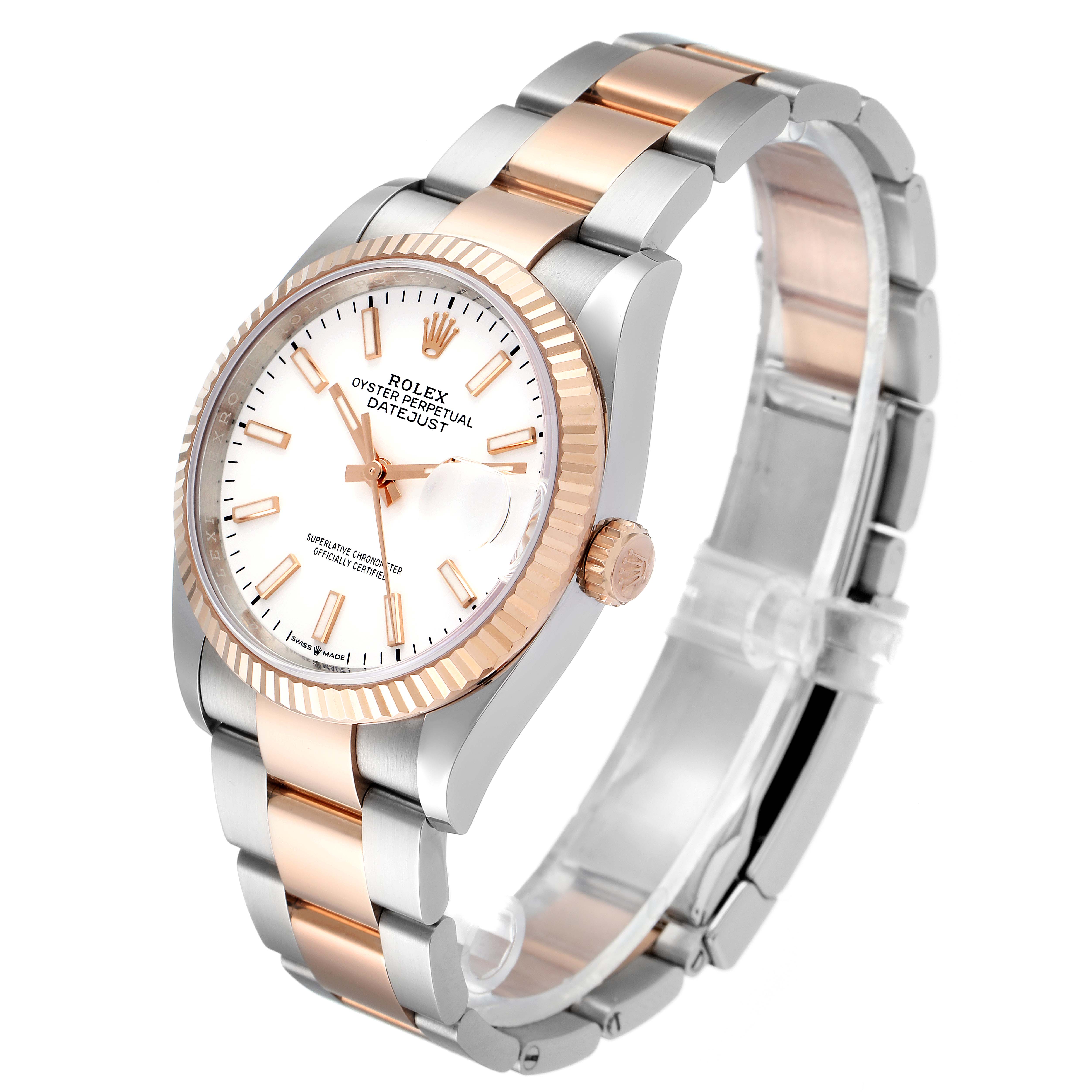 The image shows a Rolex Datejust 126231 Men's Steel and Gold (two tone) White Dial 126231 Men's Steel and Gold (two tone) White Dial watch at a three-quarter angle, highlighting its two-tone bracelet and fluted bezel.