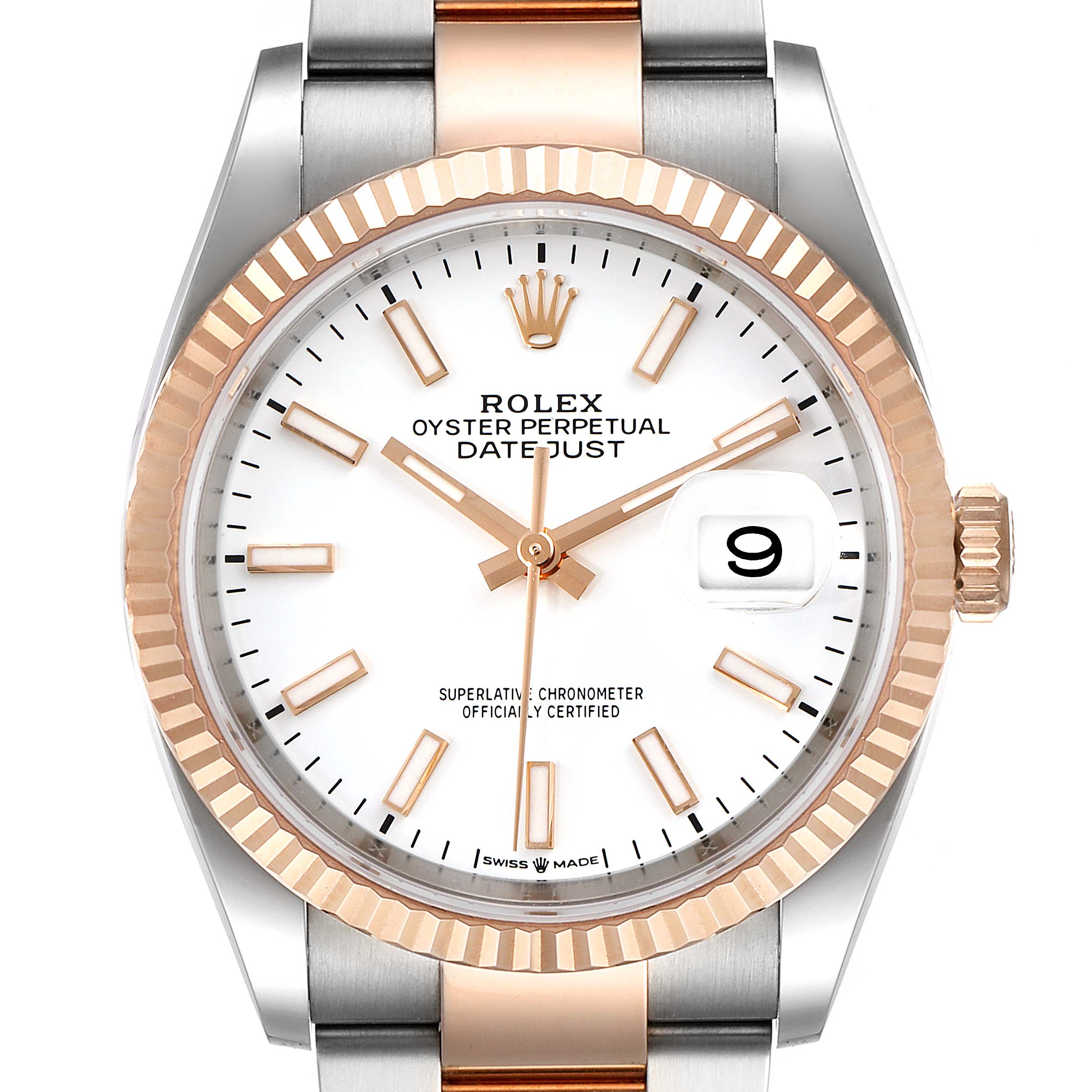 This image shows a Rolex Datejust 126231 Men's Steel and Gold (two tone) White Dial 126231 Men's Steel and Gold (two tone) White Dial watch captured from a front angle, displaying the dial, bezel, and a part of the bracelet.
