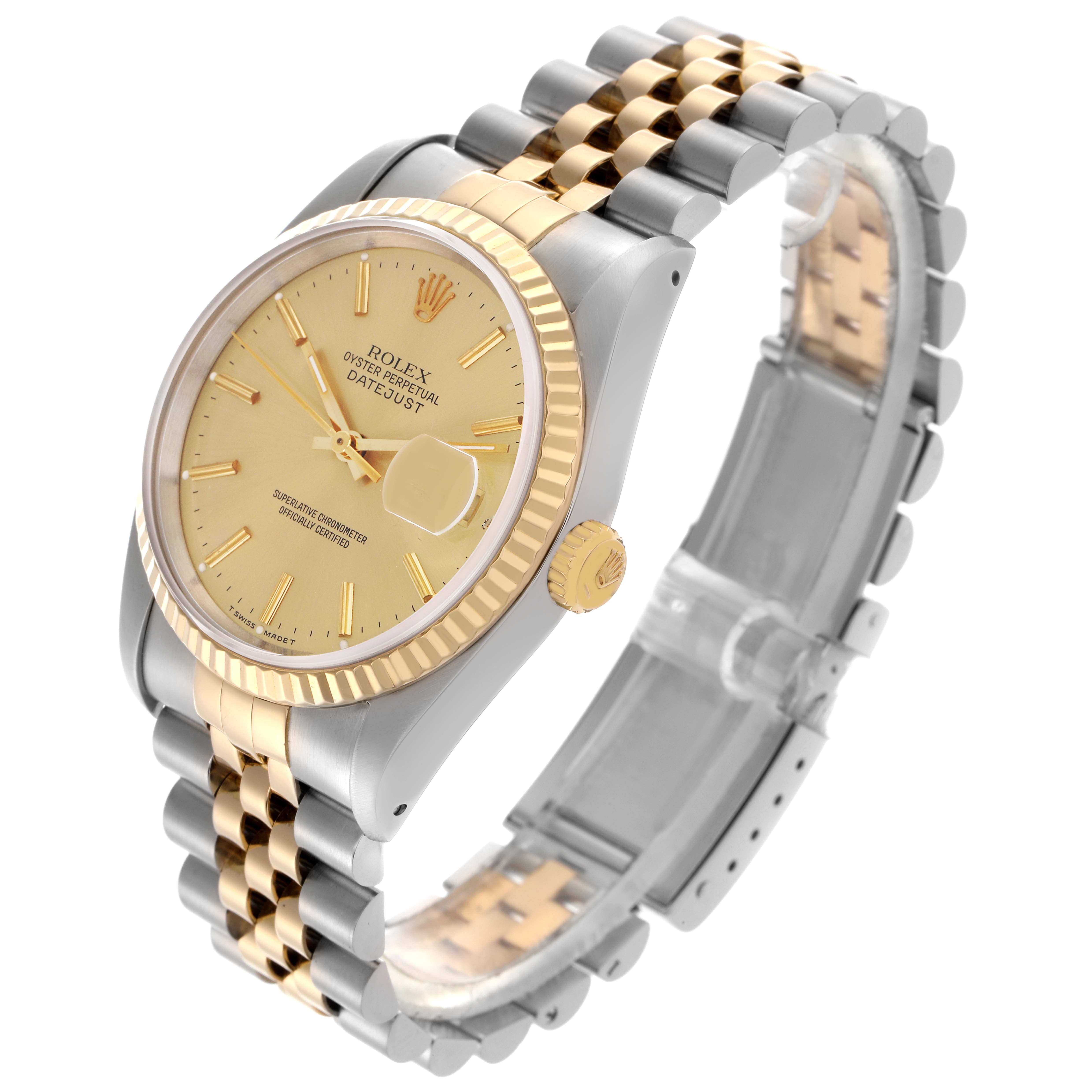 The Rolex Datejust 16233 Men's Steel and Gold (two tone) Champagne Dial 16233 Men's Steel and Gold (two tone) Champagne Dial watch is shown at an angled view highlighting its face, fluted bezel, and jubilee bracelet.