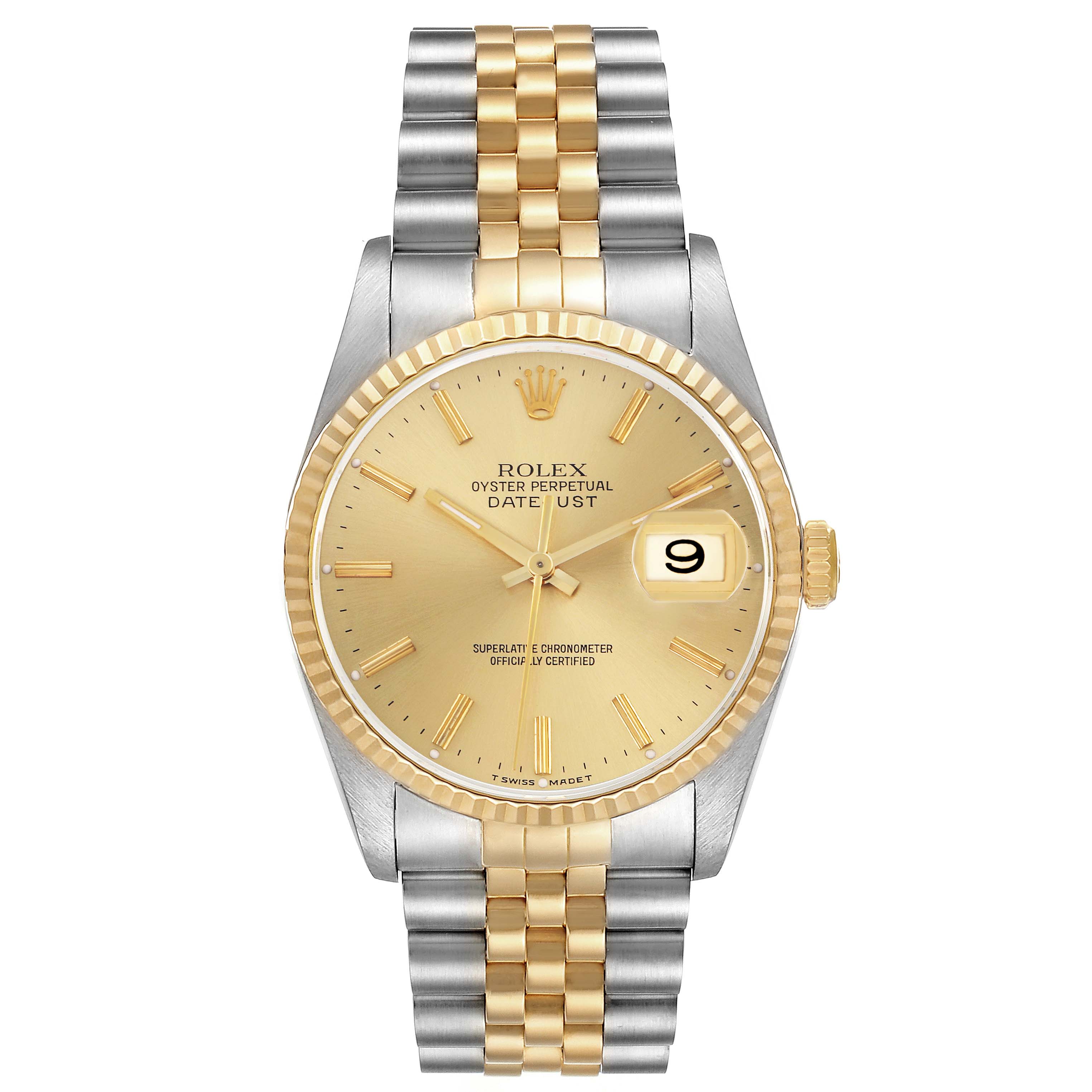 The Rolex Datejust 16233 Men's Steel and Gold (two tone) Champagne Dial 16233 Men's Steel and Gold (two tone) Champagne Dial watch is shown from a front angle, displaying its gold dial, two-tone bracelet, and fluted bezel.
