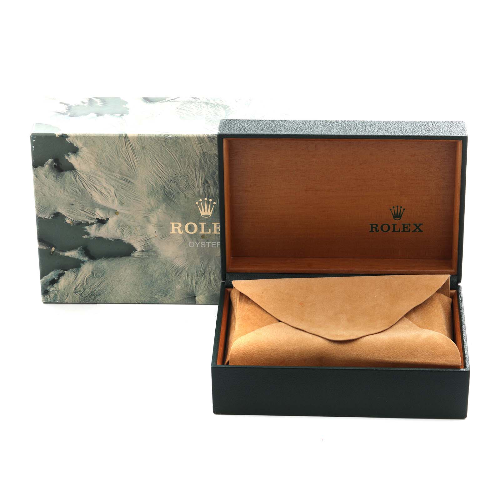 The image shows a Rolex Datejust 16233 Men's Steel and Gold (two tone) Champagne Dial 16233 Men's Steel and Gold (two tone) Champagne Dial box and sleeve, with the box open, revealing the interior packaging.