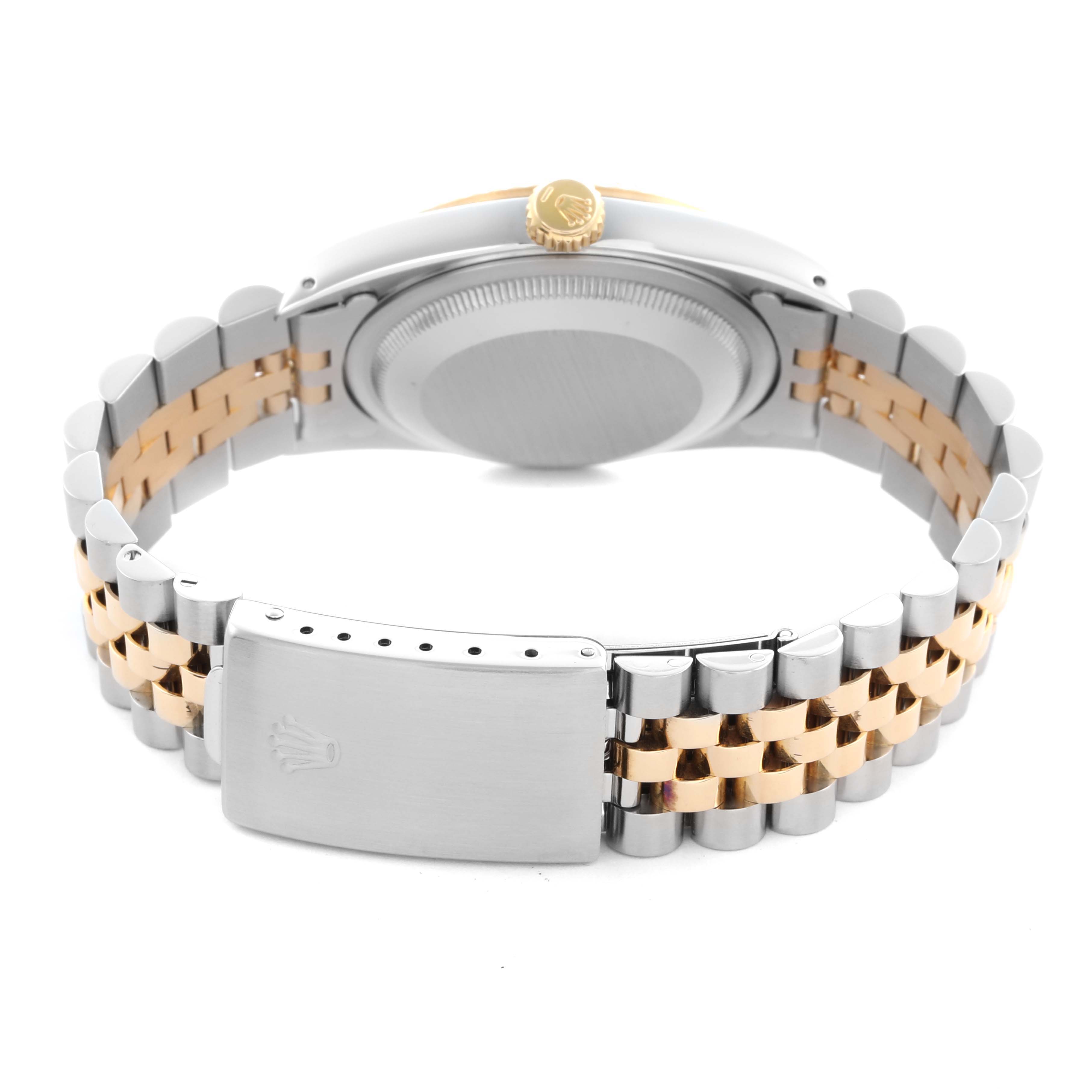 The image shows a Rolex Datejust 16233 Men's Steel and Gold (two tone) Champagne Dial 16233 Men's Steel and Gold (two tone) Champagne Dial watch from the back, highlighting the bracelet, clasp, case back, and crown.