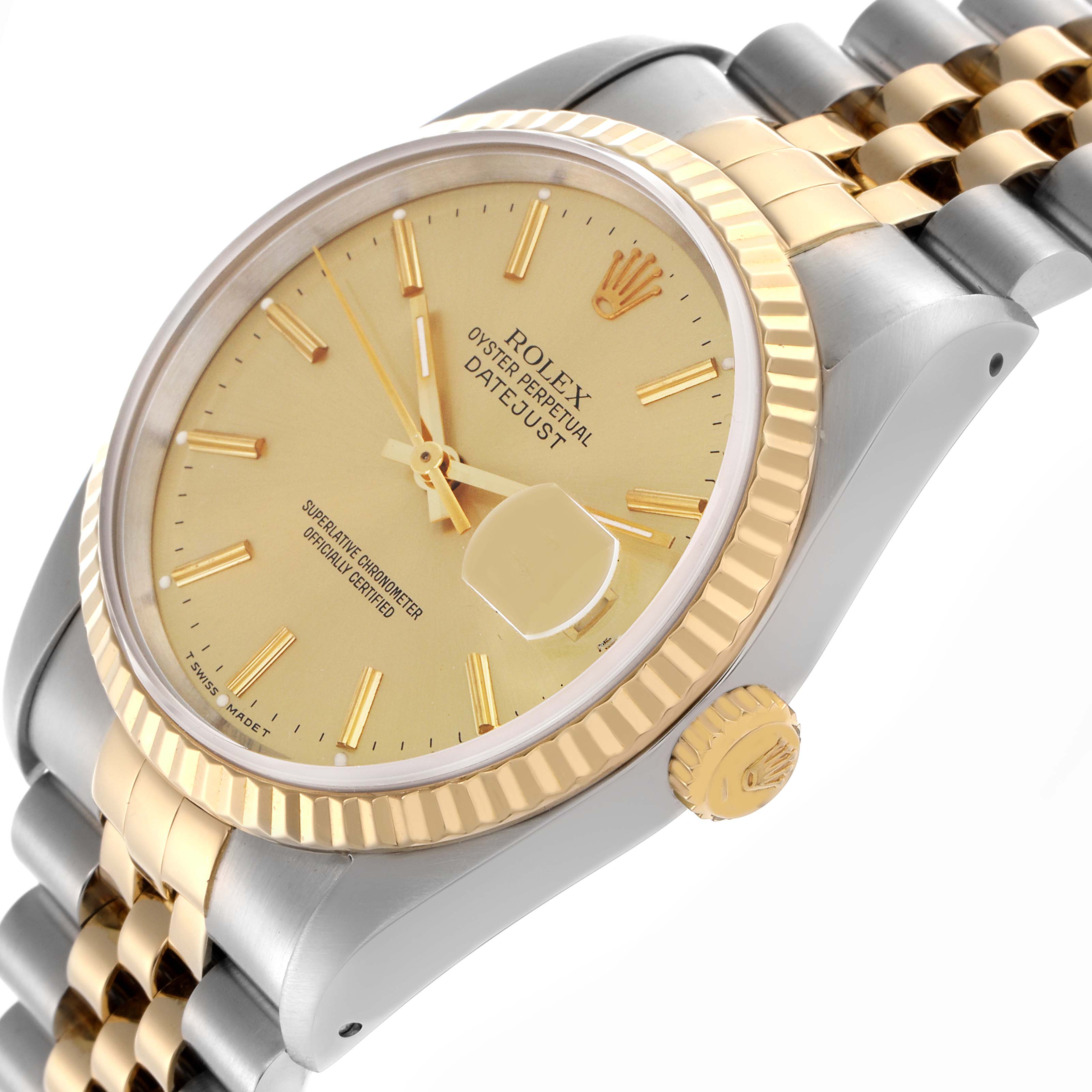 The Rolex Datejust 16233 Men's Steel and Gold (two tone) Champagne Dial 16233 Men's Steel and Gold (two tone) Champagne Dial is shown at a three-quarter angle, highlighting the watch face, bezel, crown, and part of the bracelet.