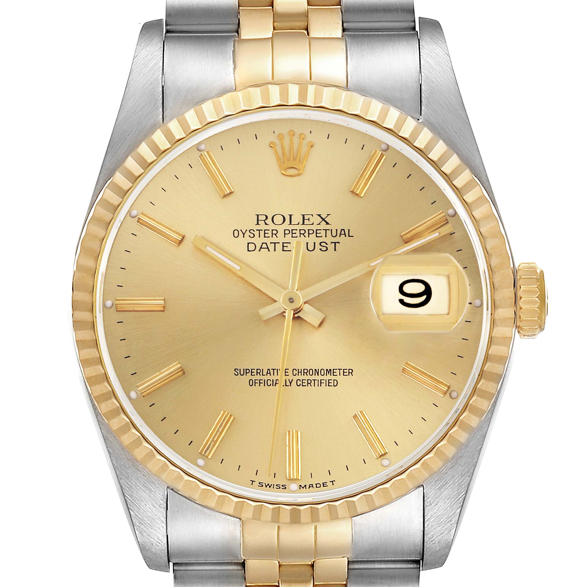 The image shows a Rolex Datejust 16233 Men's Steel and Gold (two tone) Champagne Dial 16233 Men's Steel and Gold (two tone) Champagne Dial watch from a front angle, highlighting the dial, fluted bezel, and part of the bracelet.