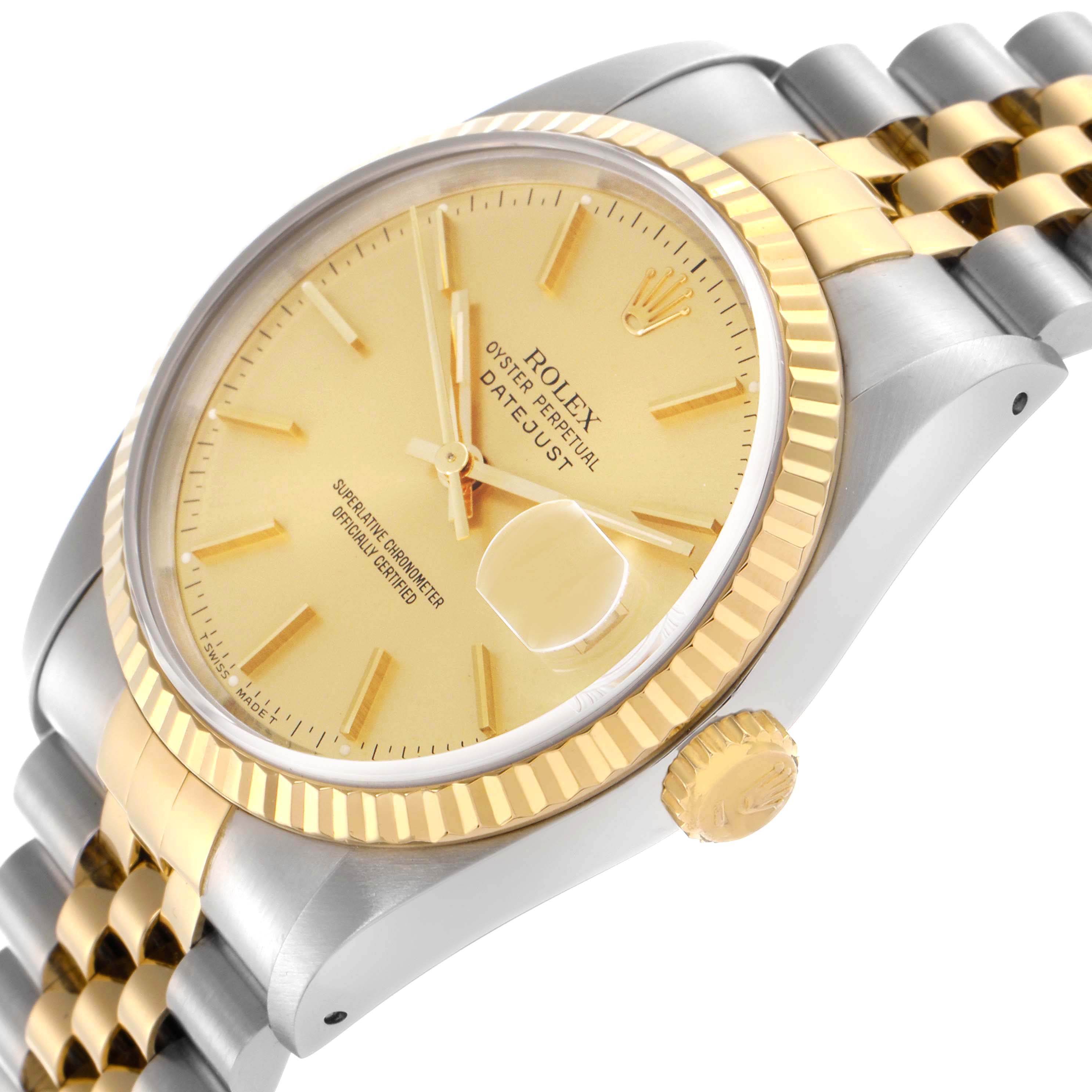 The Rolex Datejust 16233 Men
s Steel and Gold (two tone) Champagne Dial 16233 Men
s Steel and Gold (two tone) Champagne Dial watch is shown at a tilted angle, highlighting the dial, bezel, crown, and part of the bracelet.