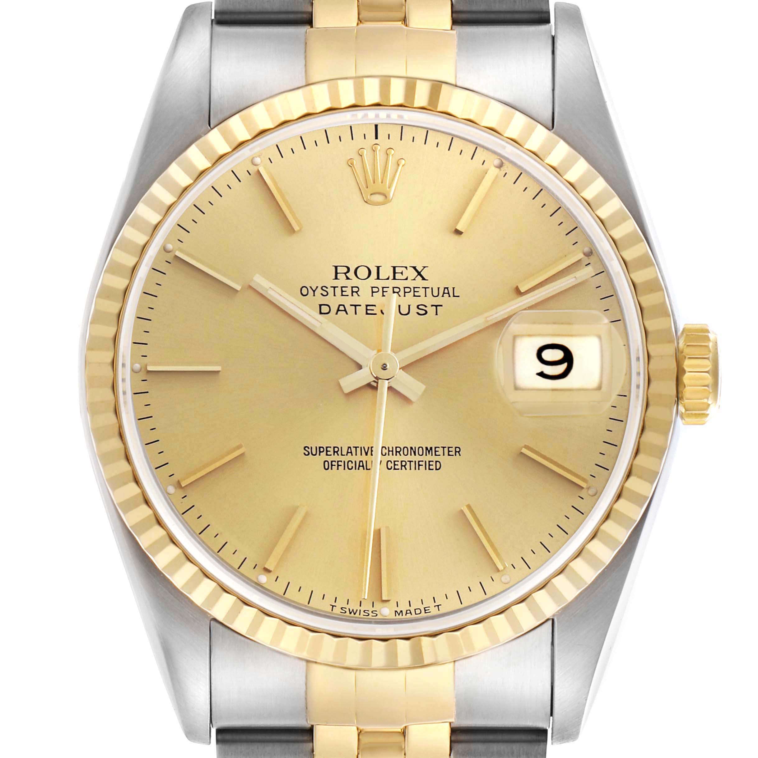 The Rolex Datejust 16233 Men
s Steel and Gold (two tone) Champagne Dial 16233 Men
s Steel and Gold (two tone) Champagne Dial watch is shown from the front, highlighting its gold bezel, dial, hands, and date window.