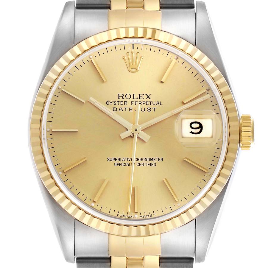 The Rolex Datejust watch is shown from the front, highlighting its gold bezel, dial, hands, and date window.
