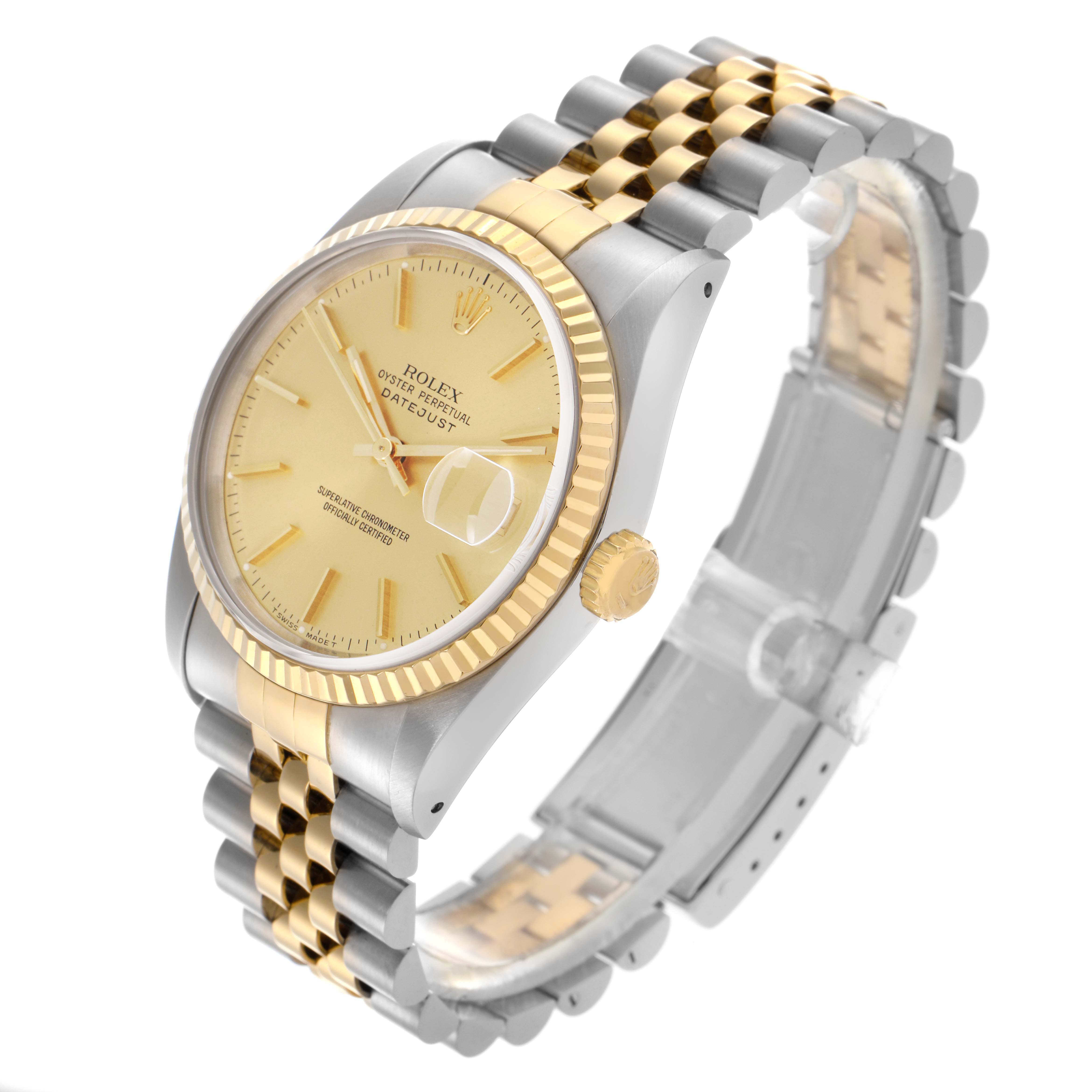The Rolex Datejust 16233 Men
s Steel and Gold (two tone) Champagne Dial 16233 Men
s Steel and Gold (two tone) Champagne Dial watch is shown at a three-quarter angle, displaying the face, bezel, crown, and part of the bracelet.