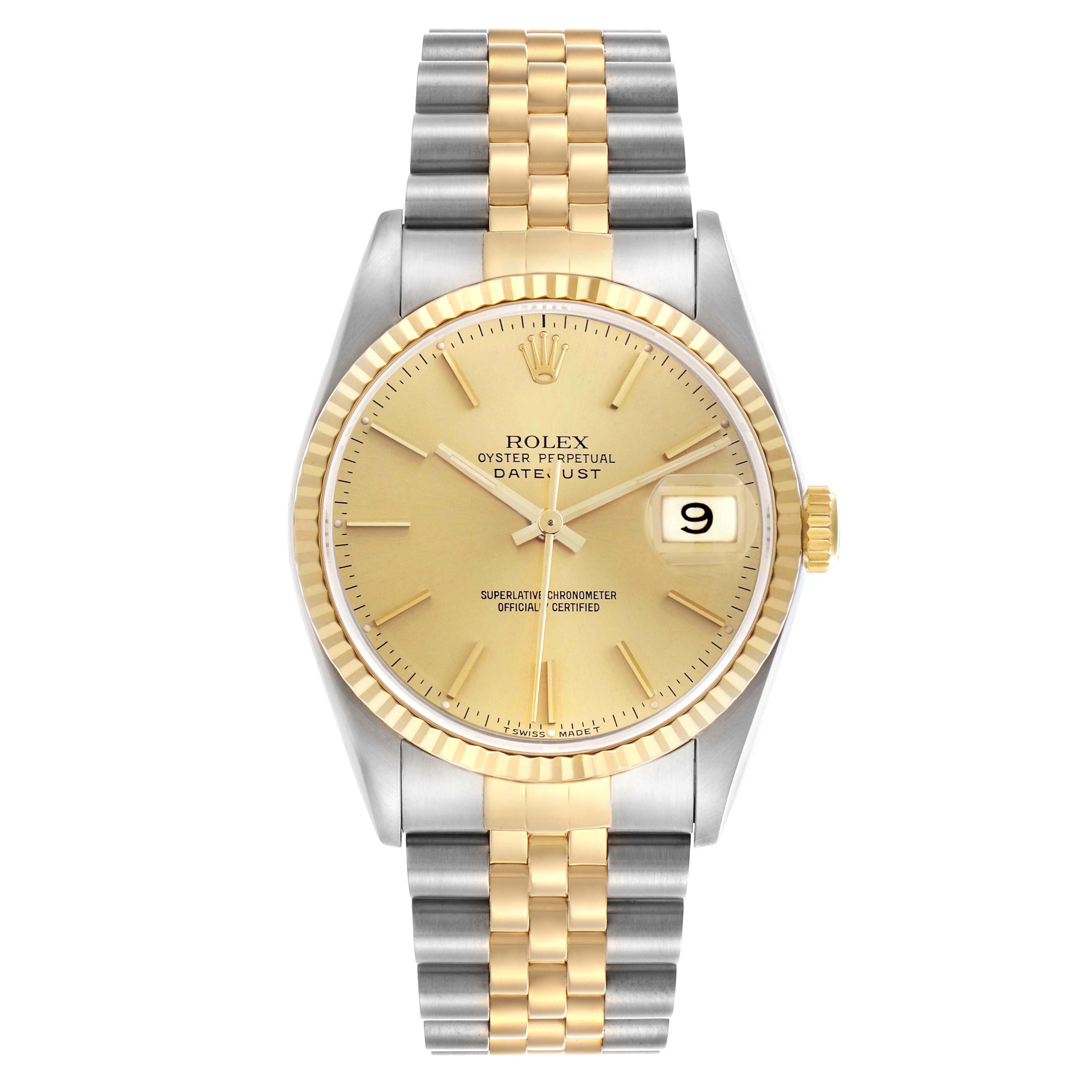 The Rolex Datejust 16233 Men
s Steel and Gold (two tone) Champagne Dial 16233 Men
s Steel and Gold (two tone) Champagne Dial watch is shown from the front, displaying the dial, case, bezel, bracelet, and date window.