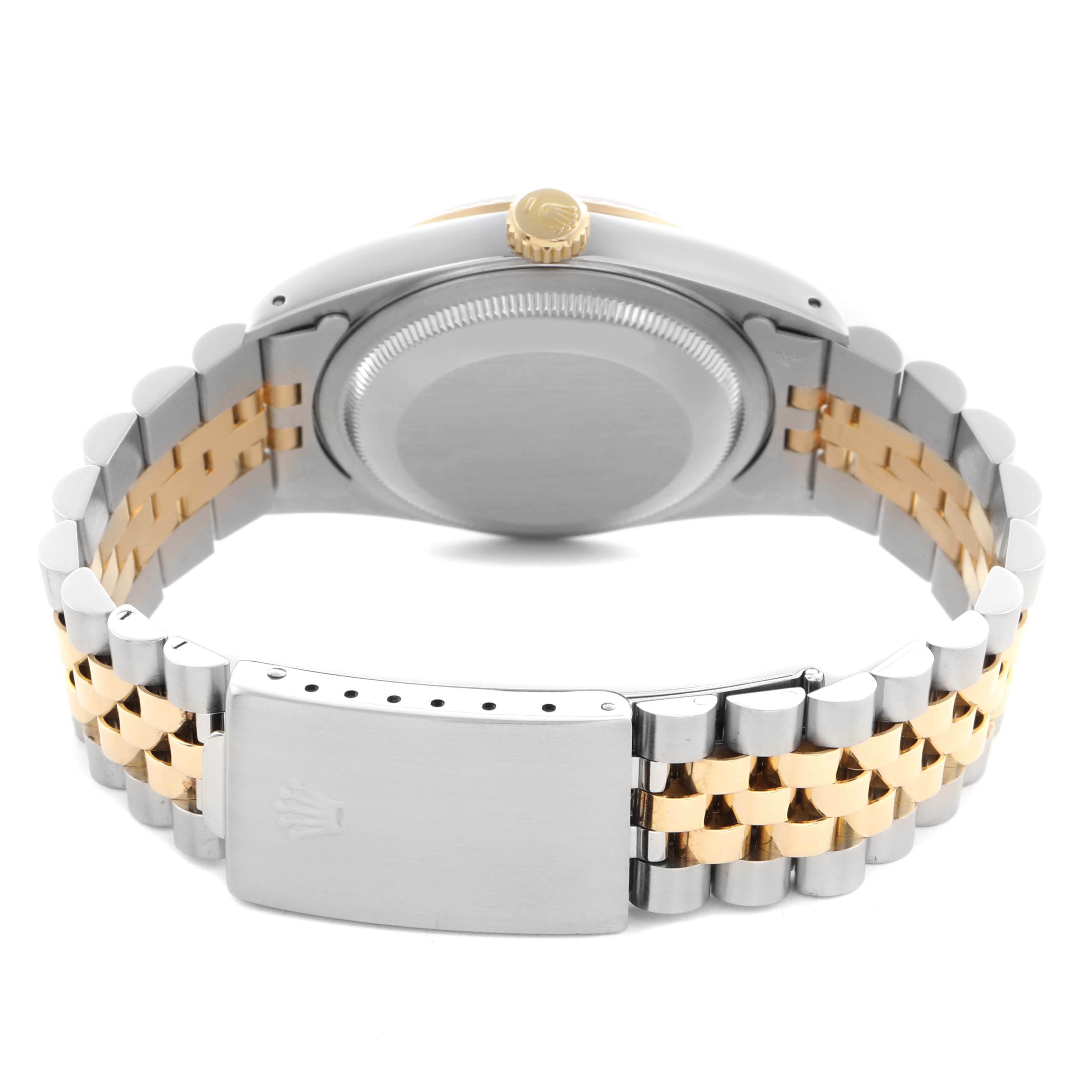 The image shows the back of the Rolex Datejust 16233 Men
s Steel and Gold (two tone) Champagne Dial 16233 Men
s Steel and Gold (two tone) Champagne Dial, highlighting the case, crown, and two-tone jubilee bracelet.