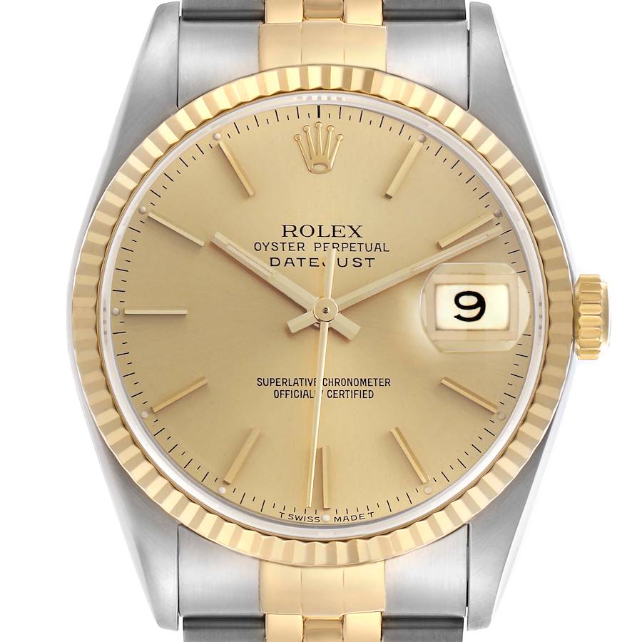 The Rolex Datejust watch is shown from a front angle, highlighting the dial, bezel, hands, and date window.