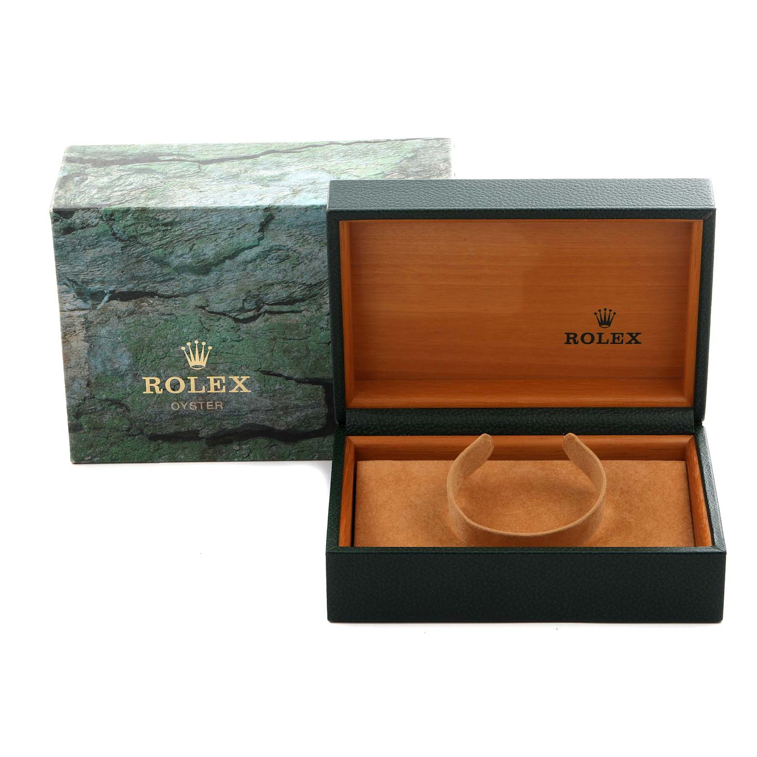 The image shows an open Rolex Datejust 16233 Men
s Steel and Gold (two tone) Champagne Dial 16233 Men
s Steel and Gold (two tone) Champagne Dial watch box and its outer case from a front angle, displaying the interior.