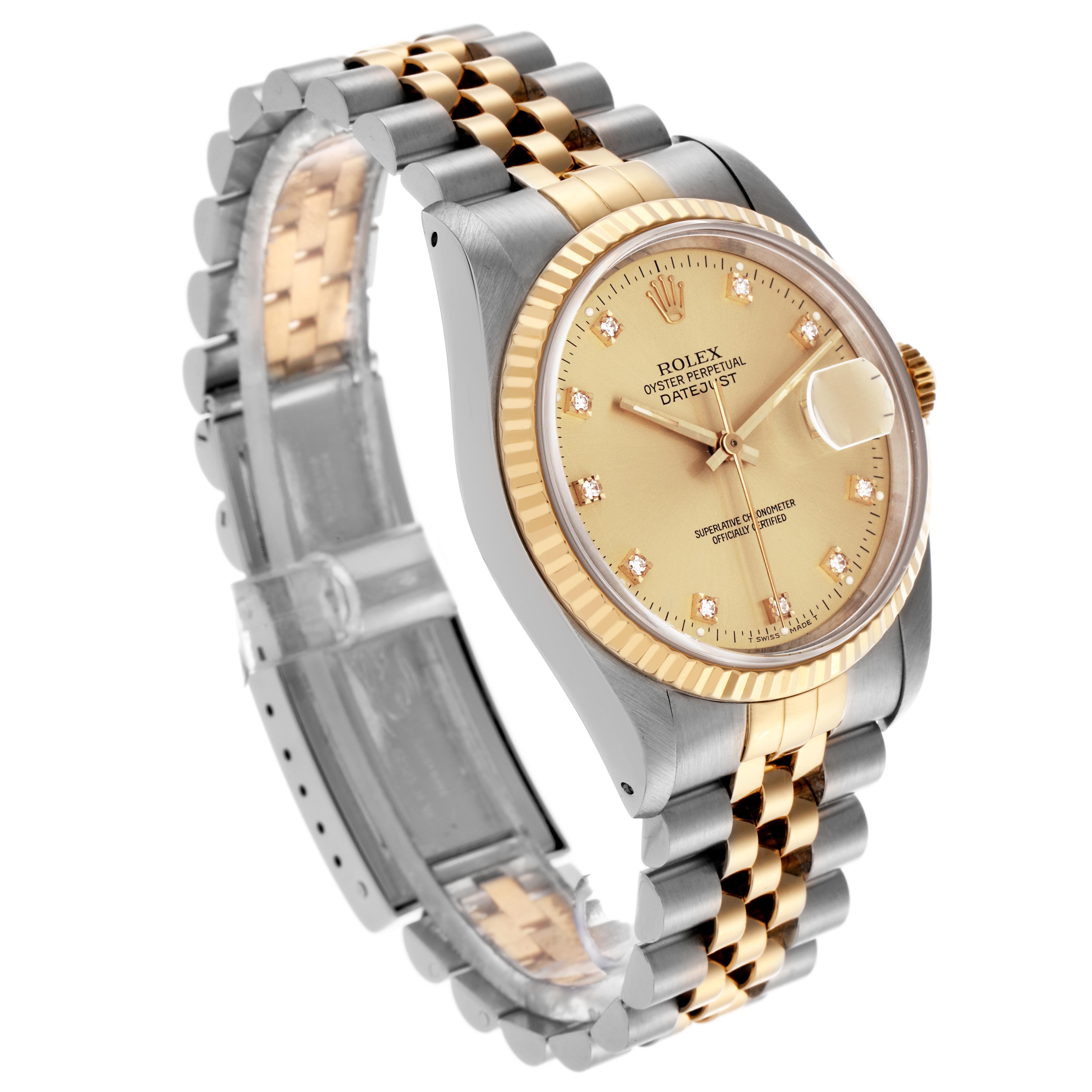 The Rolex Datejust 16233 Men's Steel and Gold (two tone) Champagne Dial 16233 Men's Steel and Gold (two tone) Champagne Dial watch is shown at an angle highlighting the face, bezel, and two-tone bracelet.