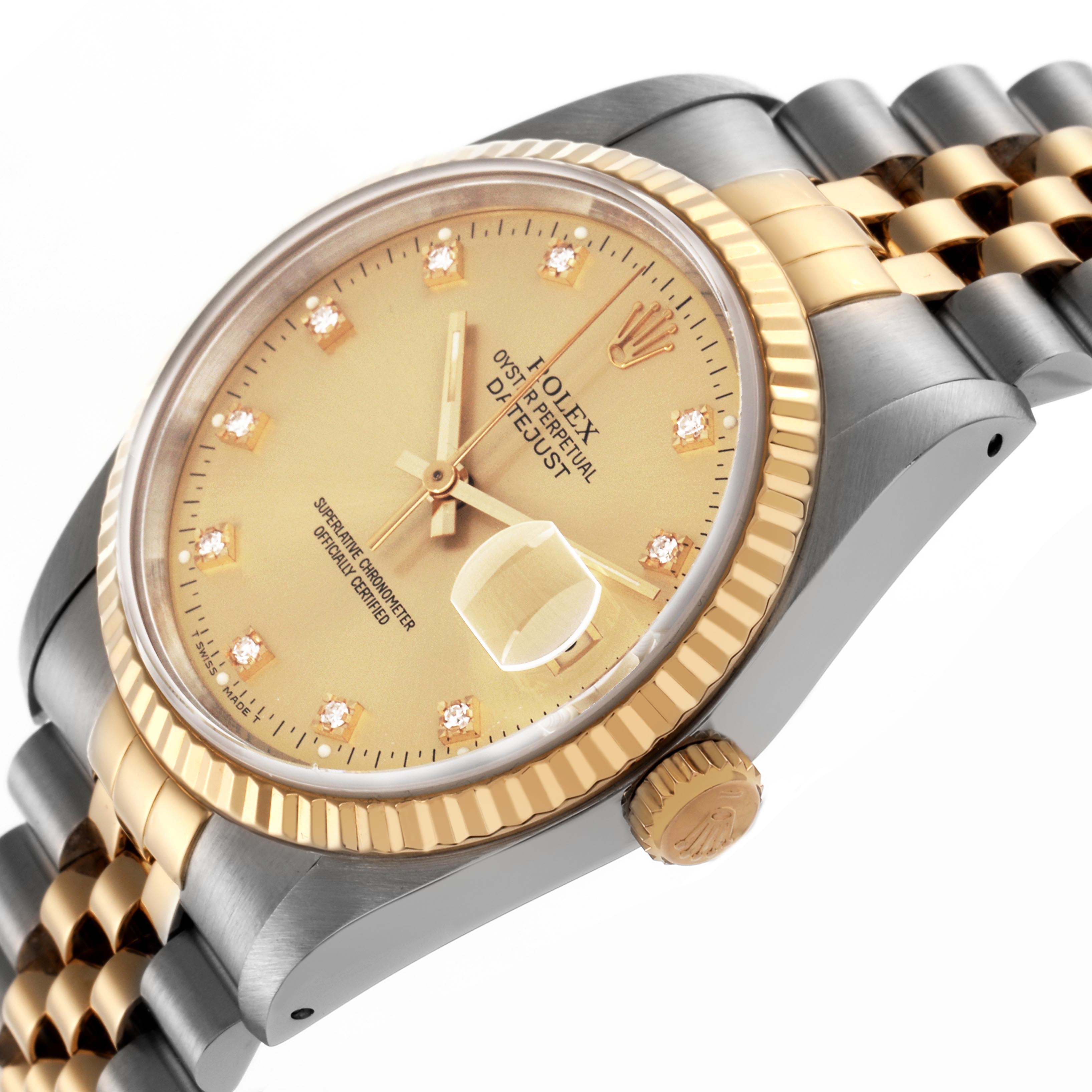 The Rolex Datejust 16233 Men's Steel and Gold (two tone) Champagne Dial 16233 Men's Steel and Gold (two tone) Champagne Dial watch is shown at an angled close-up, highlighting its gold dial, fluted bezel, and two-tone Jubilee bracelet.