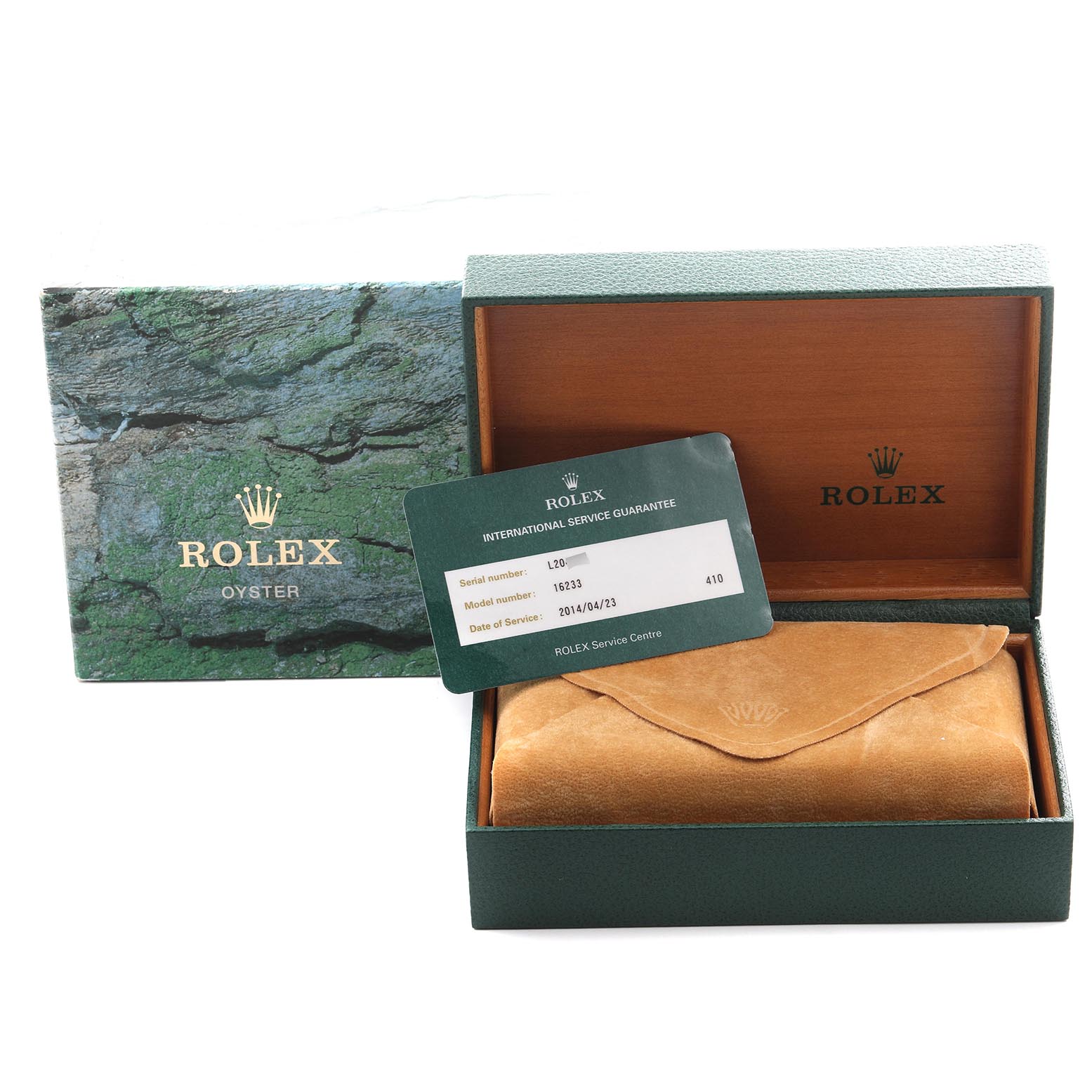 The image shows a Rolex Datejust 16233 Men's Steel and Gold (two tone) Champagne Dial 16233 Men's Steel and Gold (two tone) Champagne Dial box, a leather pouch, and a service guarantee card.