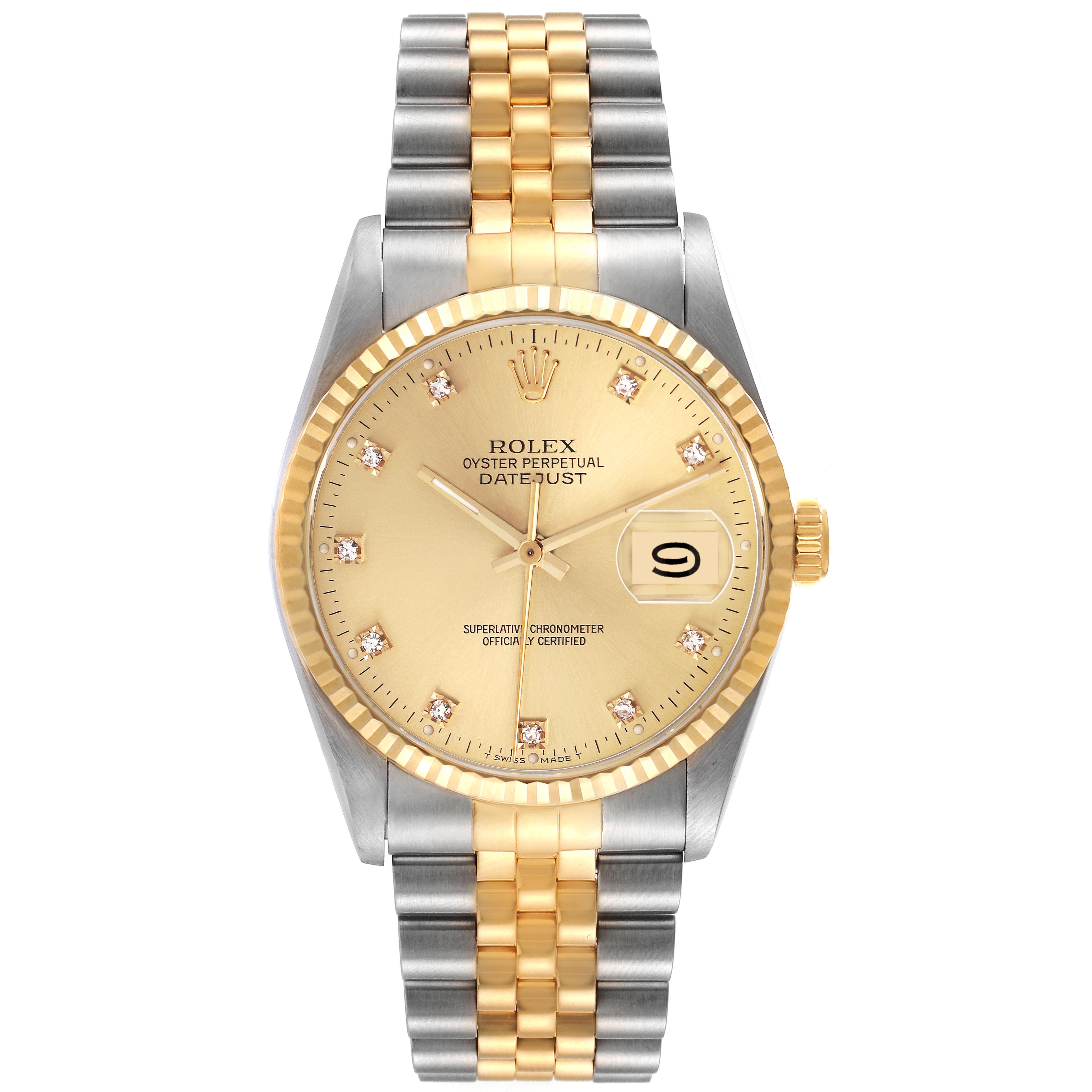 The Rolex Datejust 16233 Men's Steel and Gold (two tone) Champagne Dial 16233 Men's Steel and Gold (two tone) Champagne Dial watch is shown from the front, displaying its face, bracelet, and bezel.