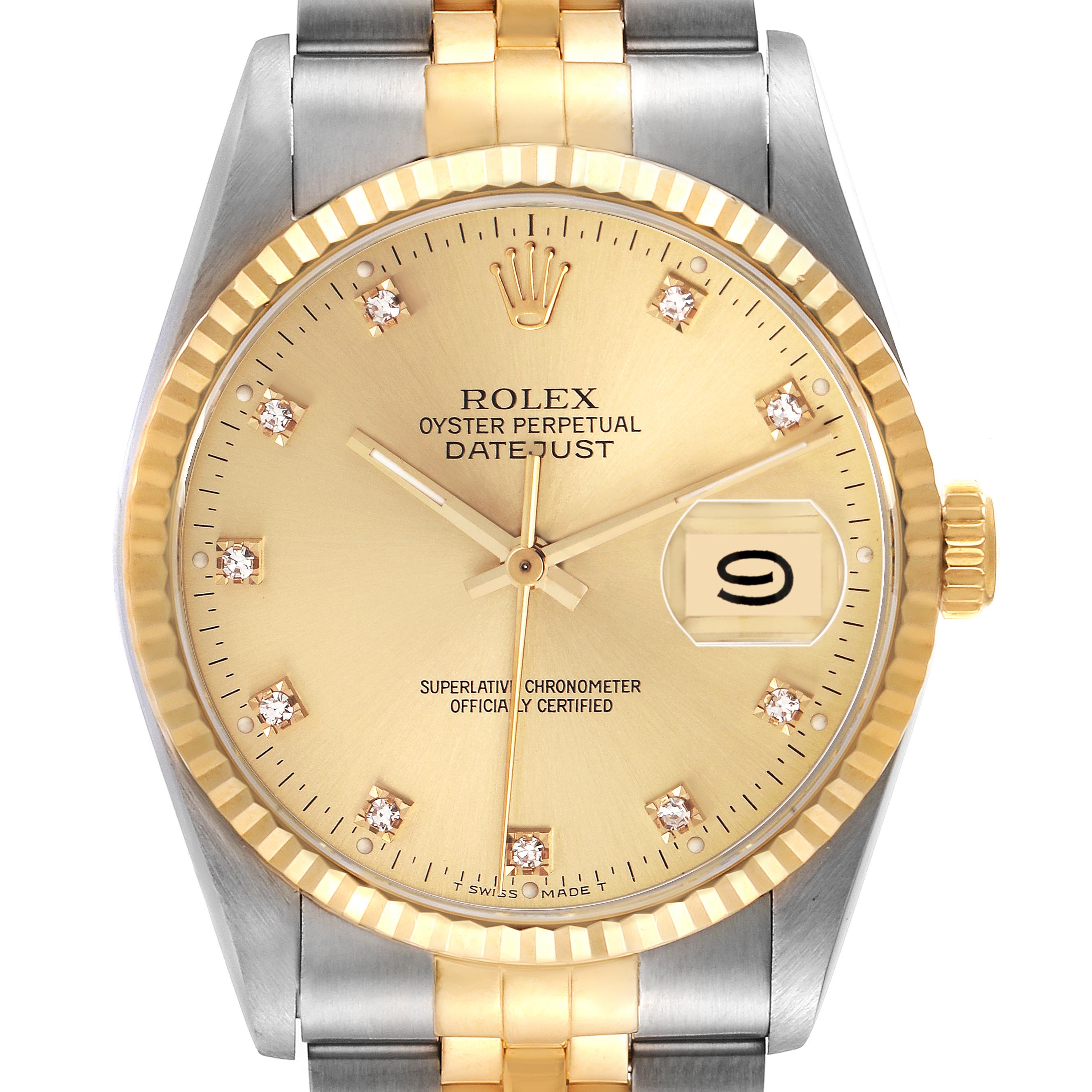The Rolex Datejust 16233 Men's Steel and Gold (two tone) Champagne Dial 16233 Men's Steel and Gold (two tone) Champagne Dial is shown from the front, displaying the dial, hands, bezel, crown, and part of the bracelet.